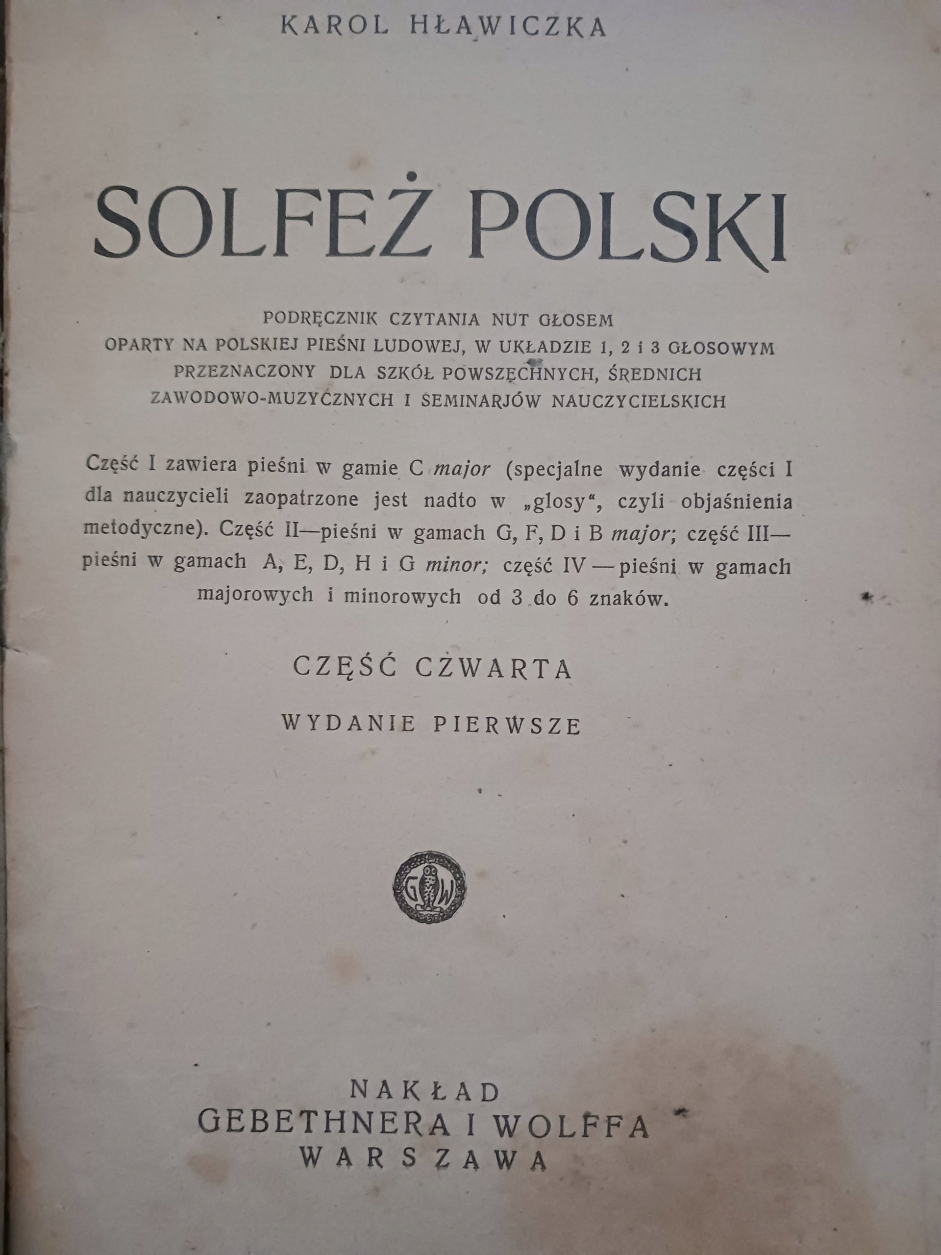 Solfeż polski część czwarta Karol Hławiczka [wydanie z roku 1930]