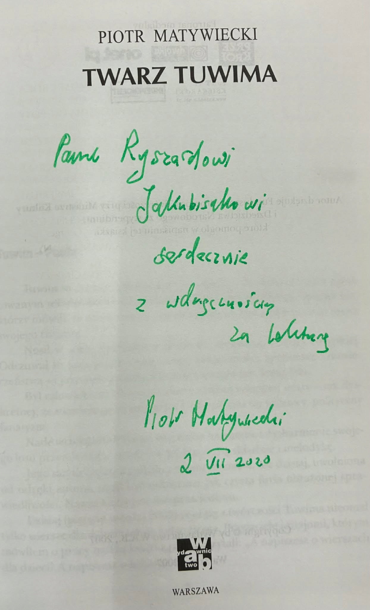 Twarz Tuwima Piotr Matywiecki [Dedykacja]