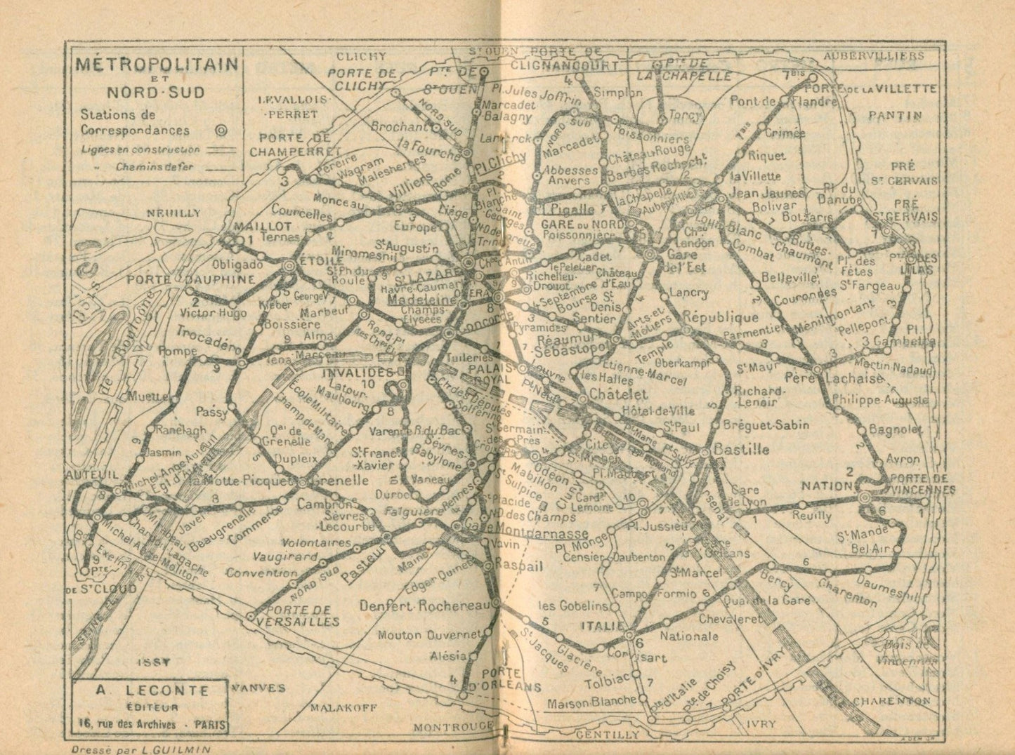 Plan Commode de Paris Rues et Monuments Metropolitain Autobus [Paryż 1933]