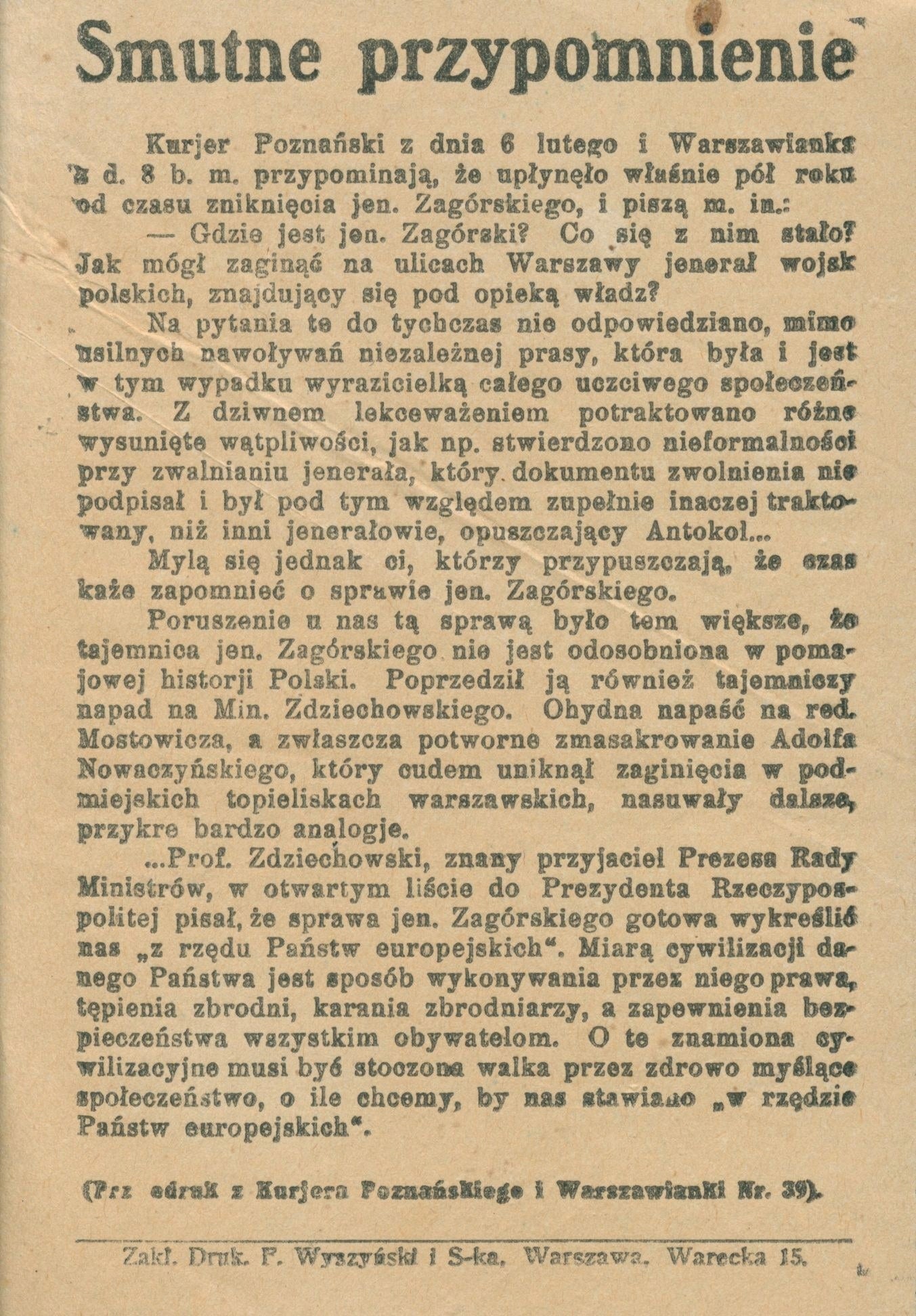 Smutne przypomnienie [sprawa generała Zagórskiego]