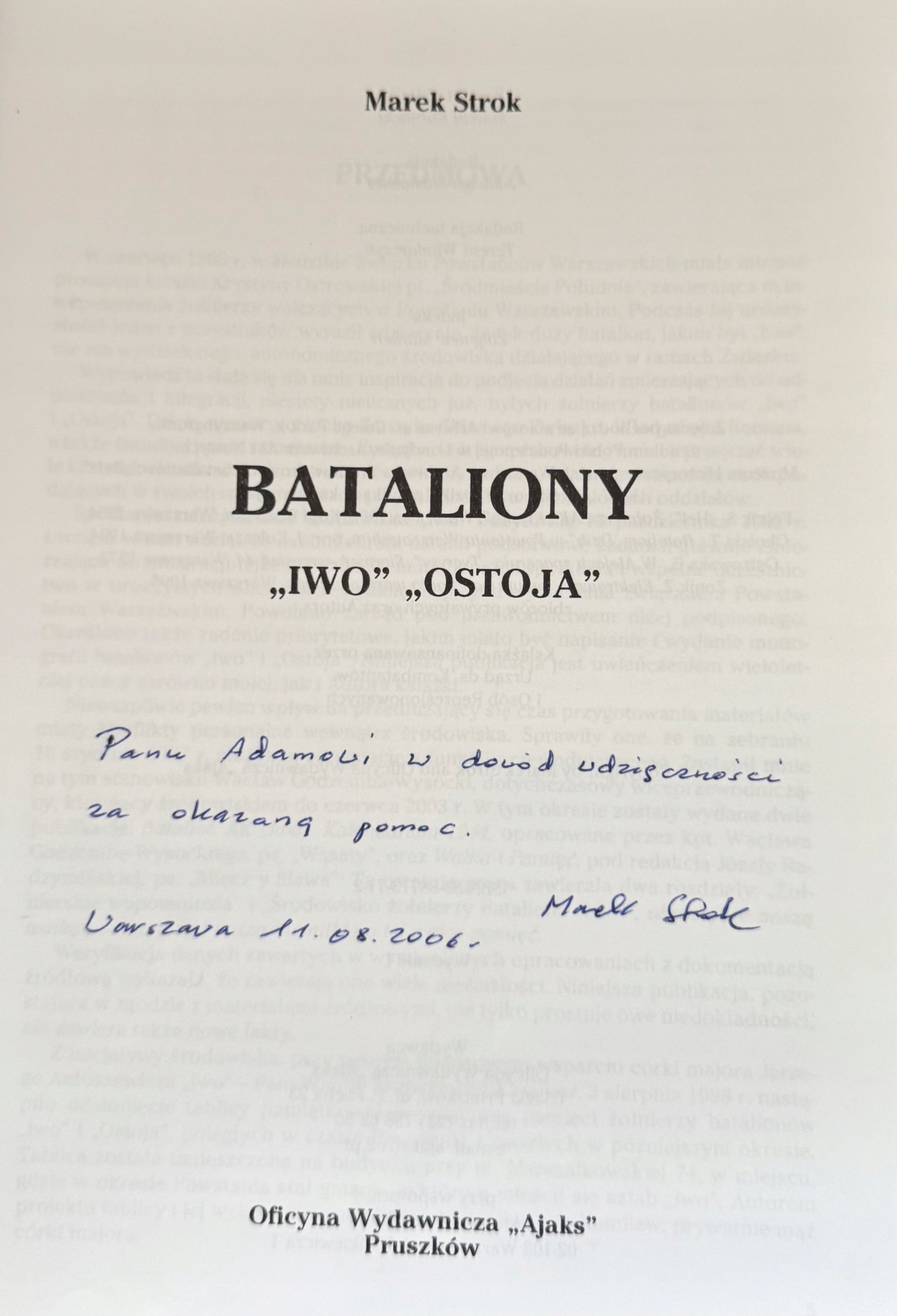 Bataliony Iwo i Ostoja Marek Strok [dedykacja odautorska]