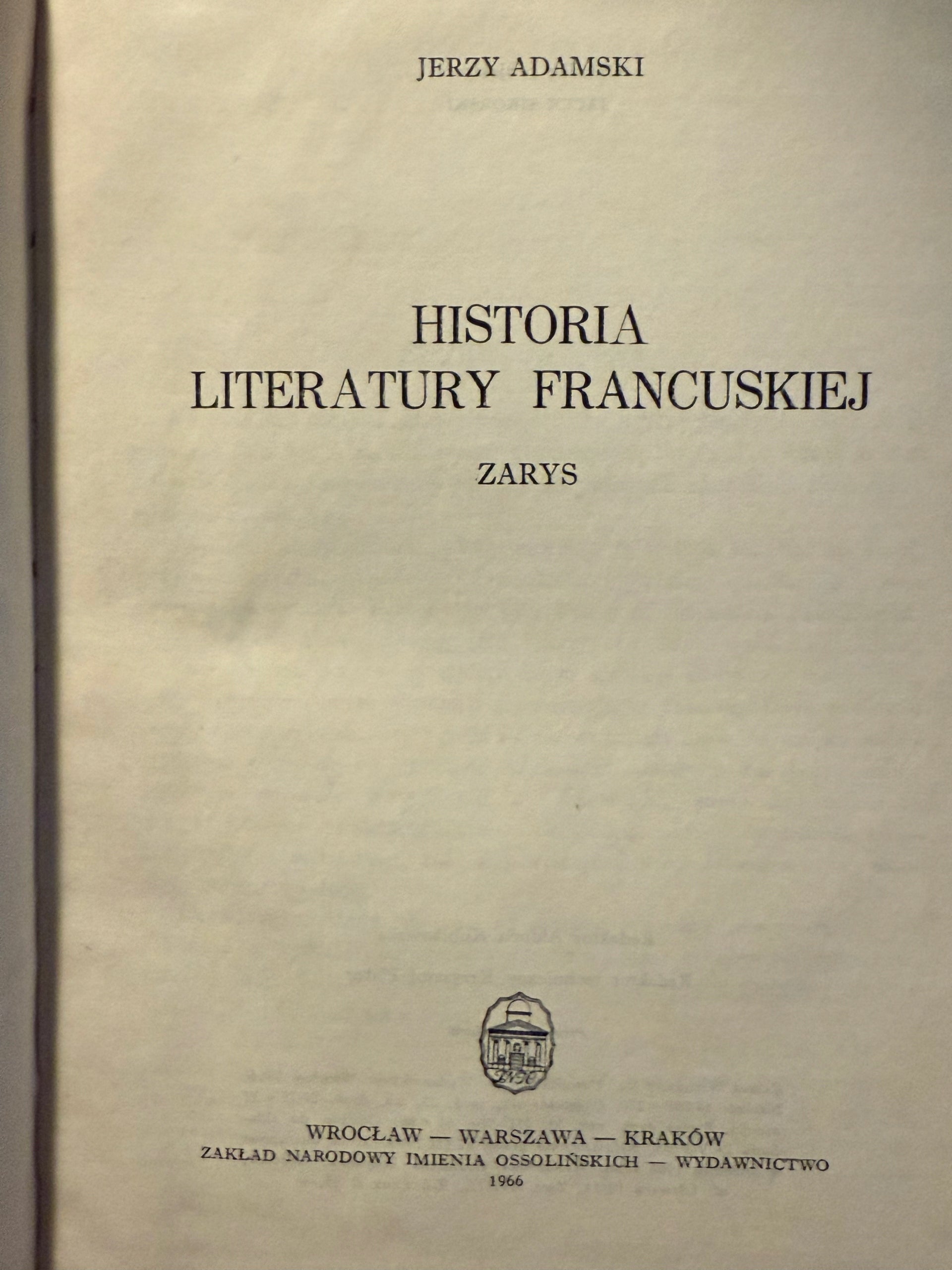Historia literatury francuskiej Jerzy Adamski [1966 r.]