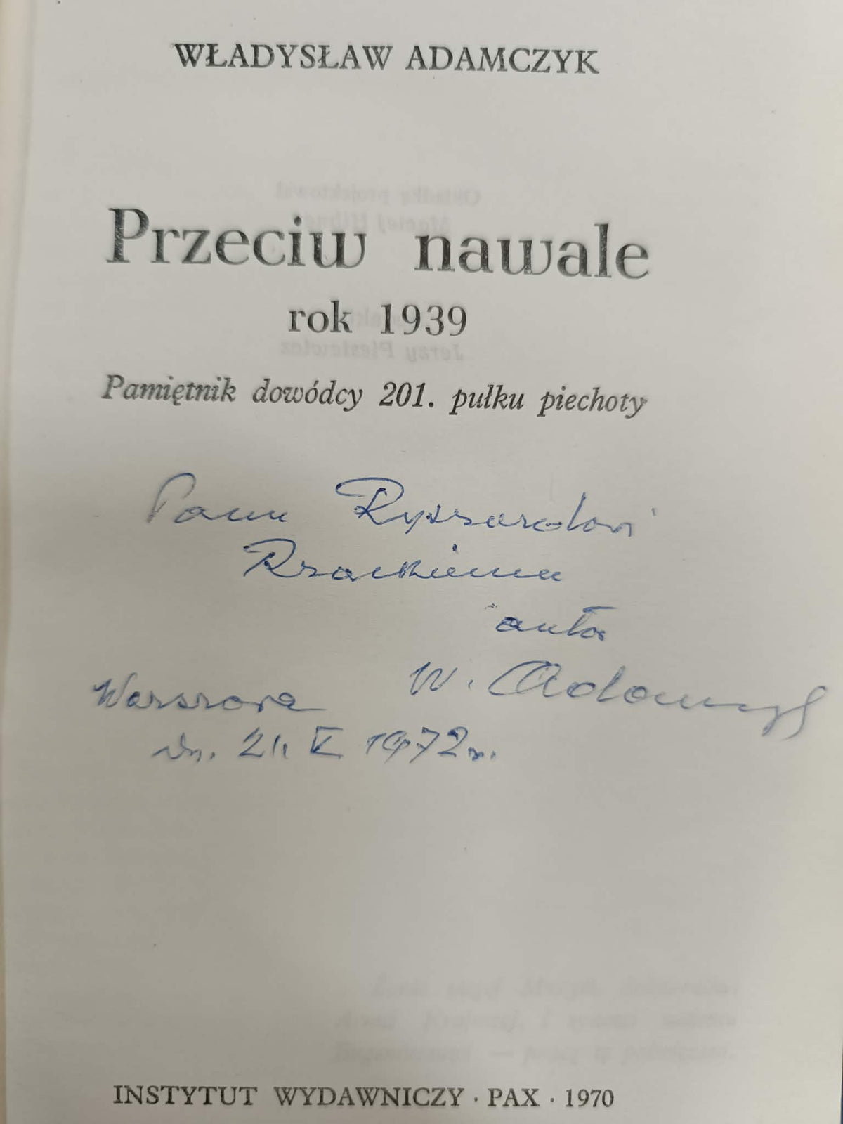 Władysław Adamczyk, Przeciw nawale, wrzesień 1939 [dedykacja]