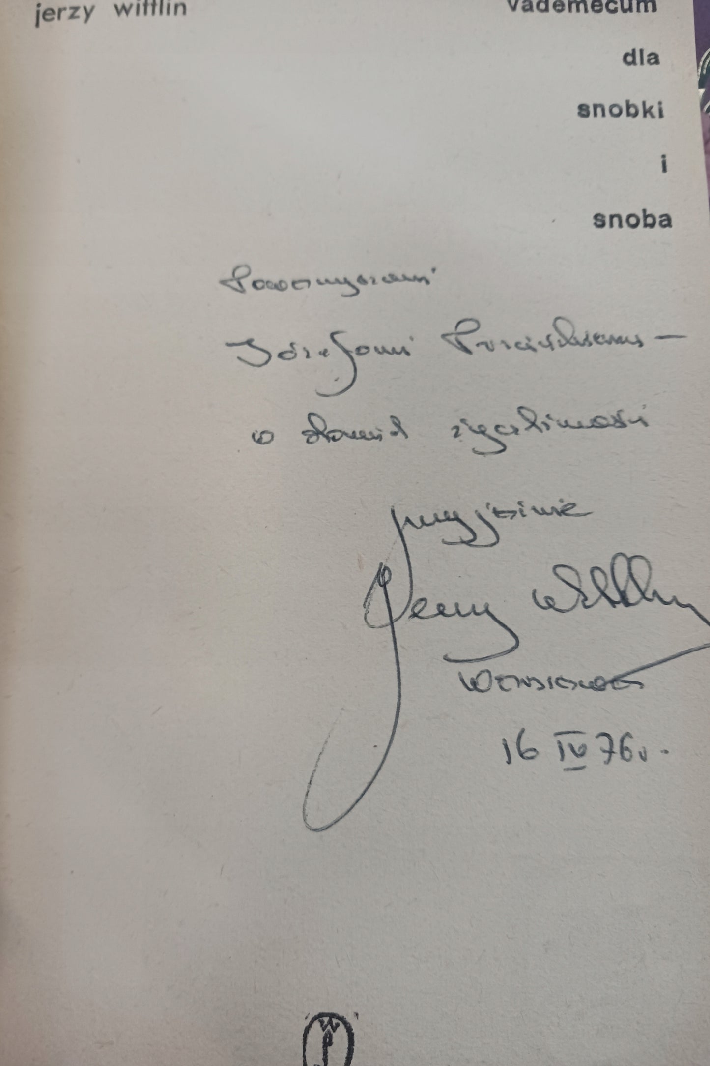Vademecum dla snobki i snoba Jerzy Wittlin [dedykacja autora]