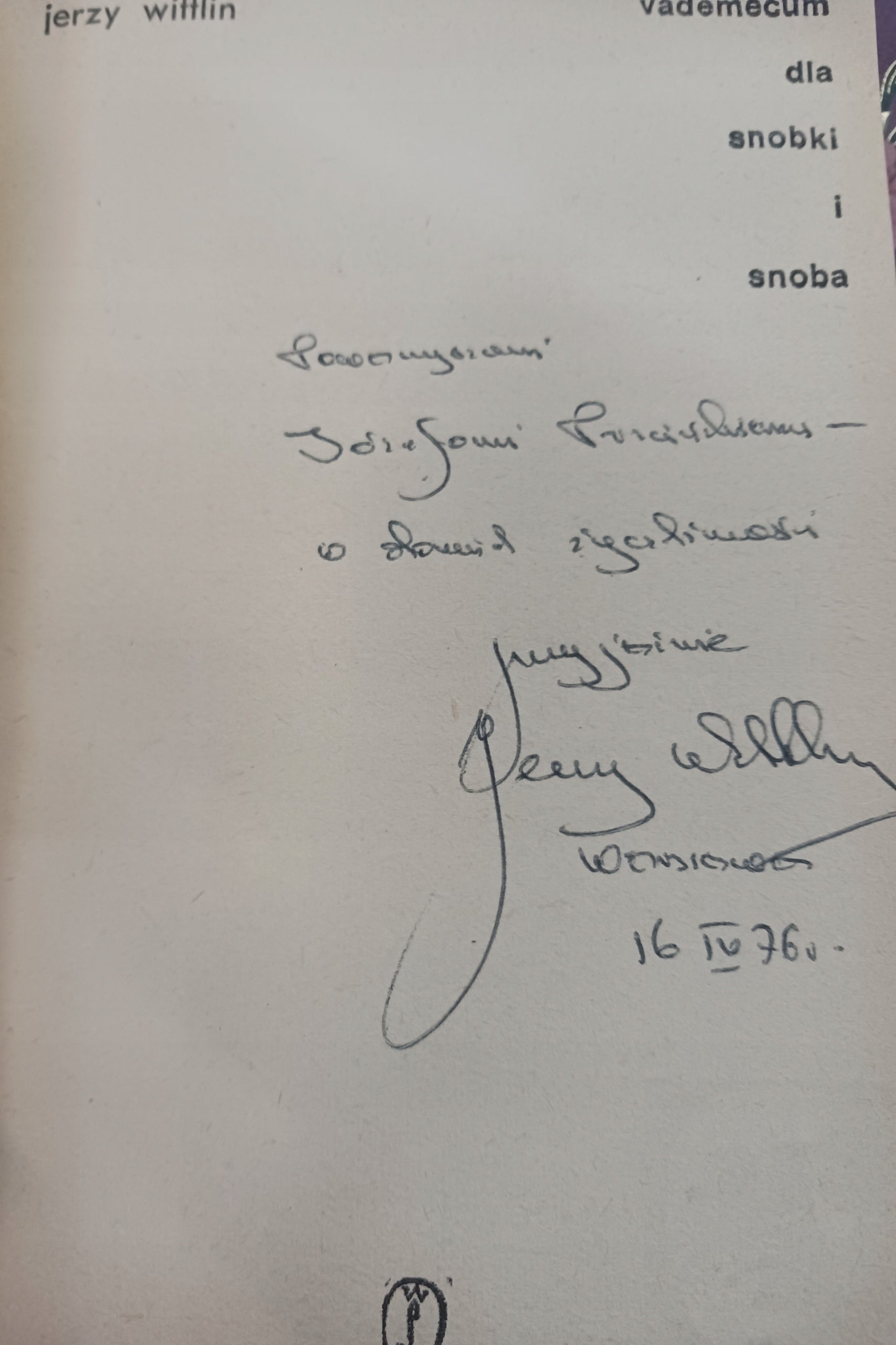 Vademecum dla snobki i snoba Jerzy Wittlin [dedykacja autora]