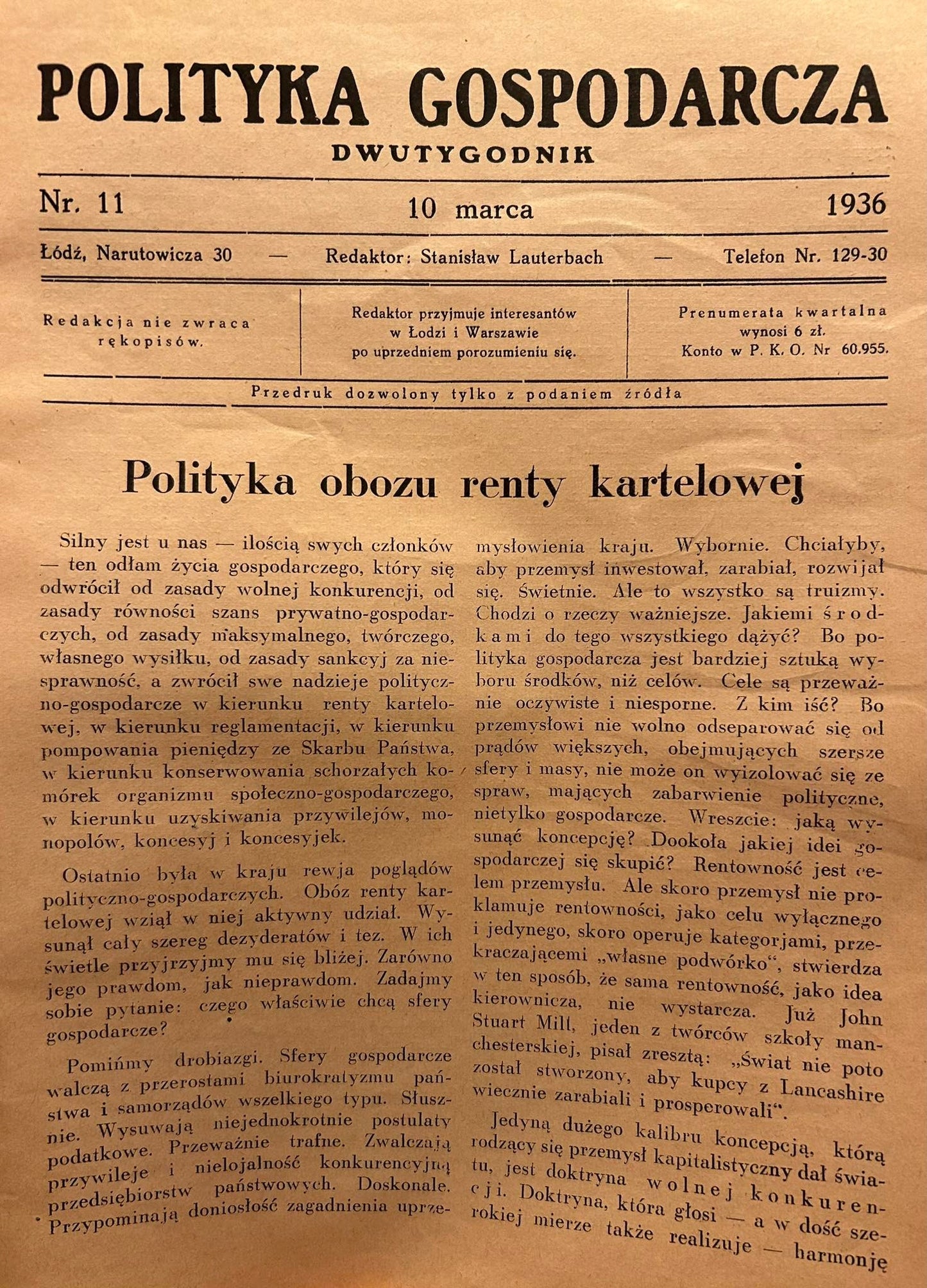Polityka gospodarcza nr 11 [10 marca 1936] Dwutygodnik