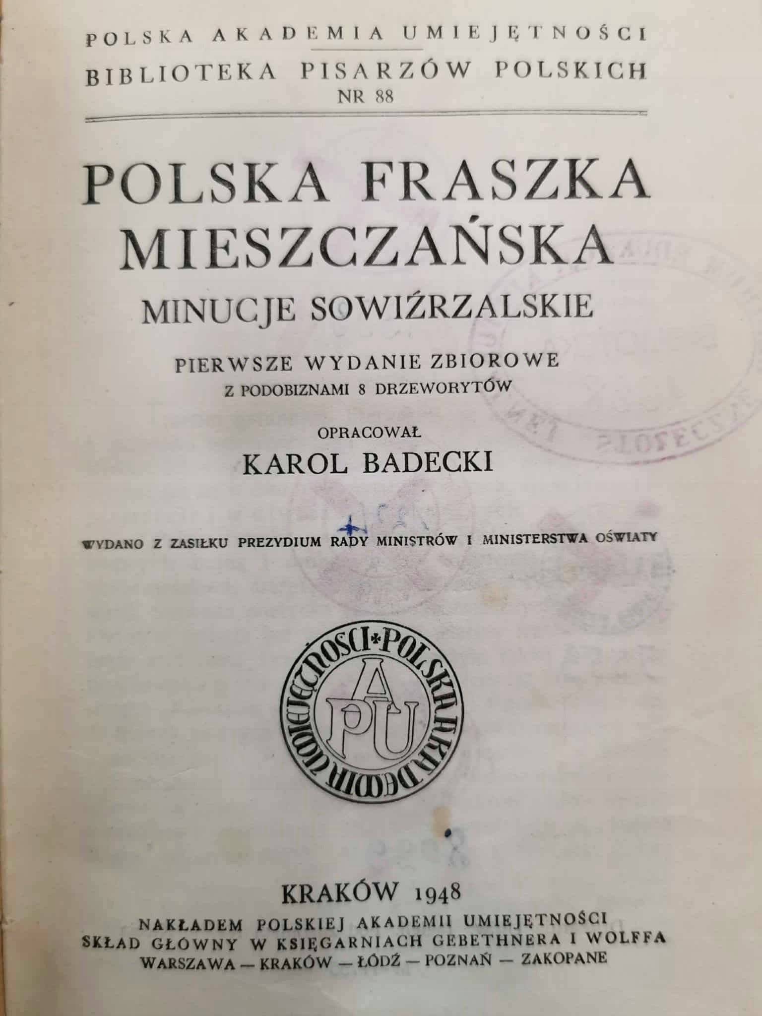 Polska fraszka mieszczańska, K. Badecki [Kraków 1948]