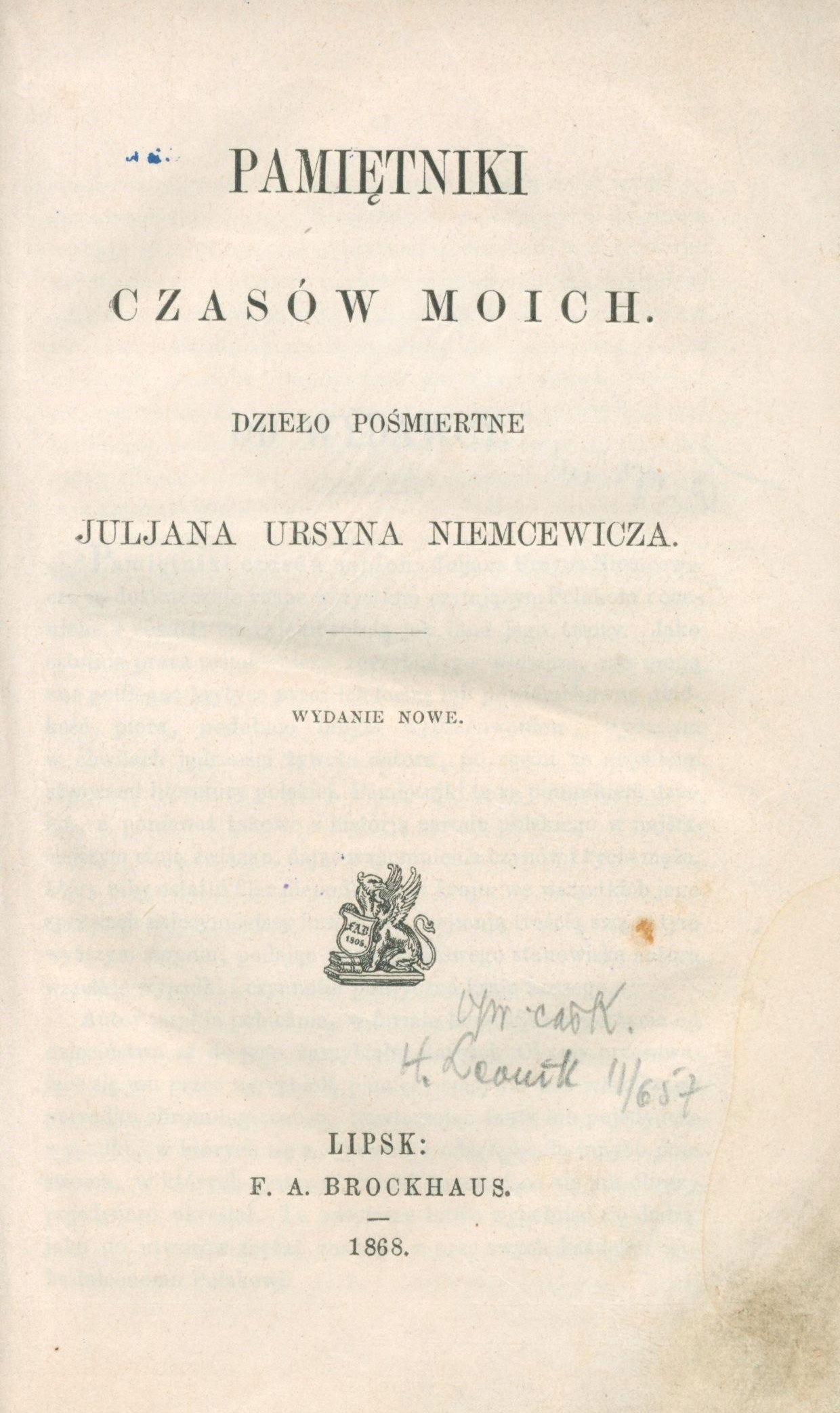 Pamiętniki czasów moich. Dzieło pośmiertne Juljana Ursyna Niemcewicza 1868