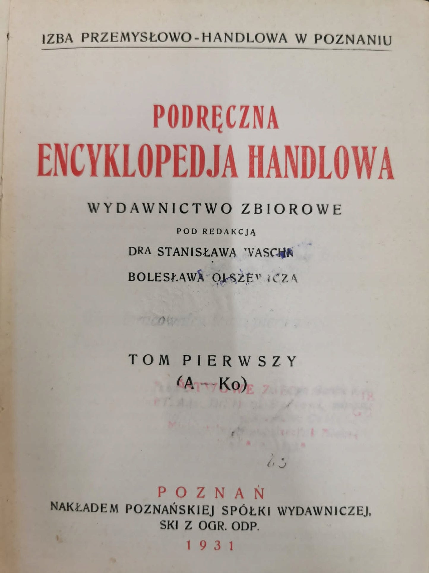 Podręczna Encyklopedia Handlowa, dr S. Waschka, B. Olszewicz