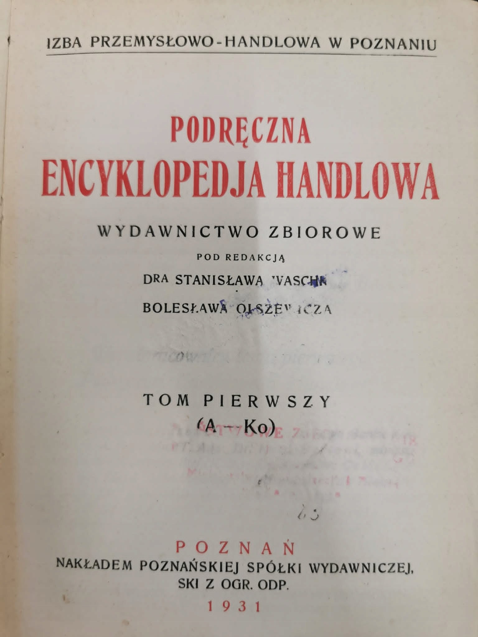 Podręczna Encyklopedia Handlowa, dr S. Waschka, B. Olszewicz
