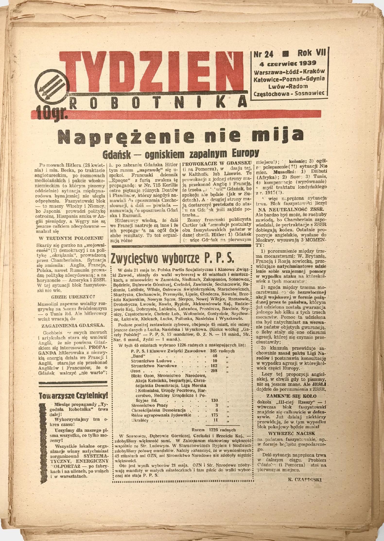 Tydzień Robotnika, nr 1 - 30 [Warszawa 01.01. - 16.07.1939]