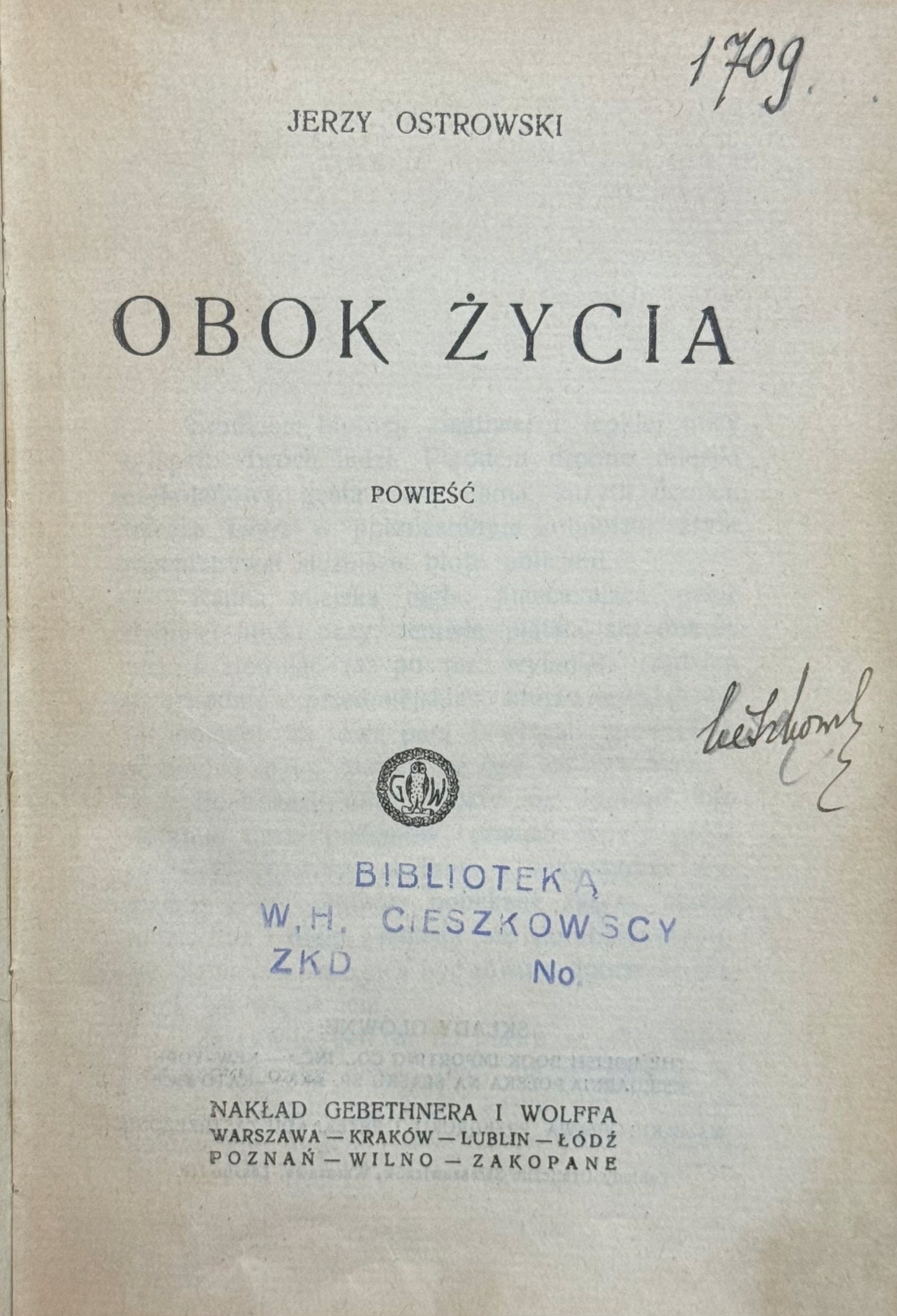 Obok życia Powieść Jerzy Ostrowski [1924]