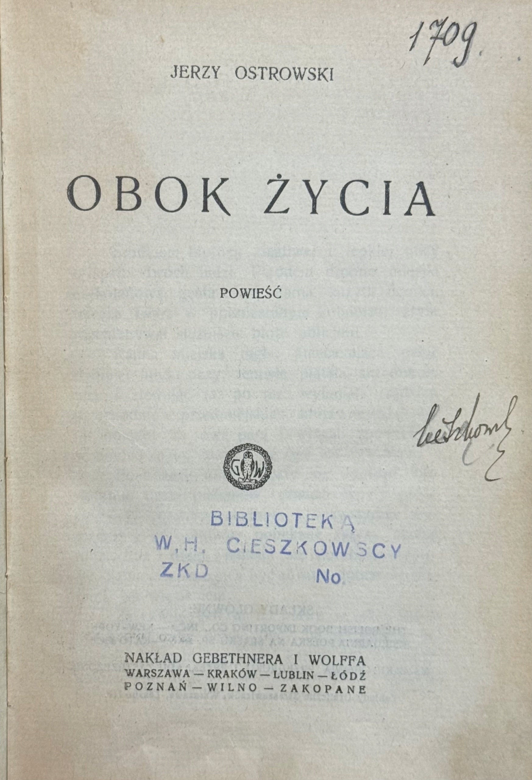 Obok życia Powieść Jerzy Ostrowski [1924]