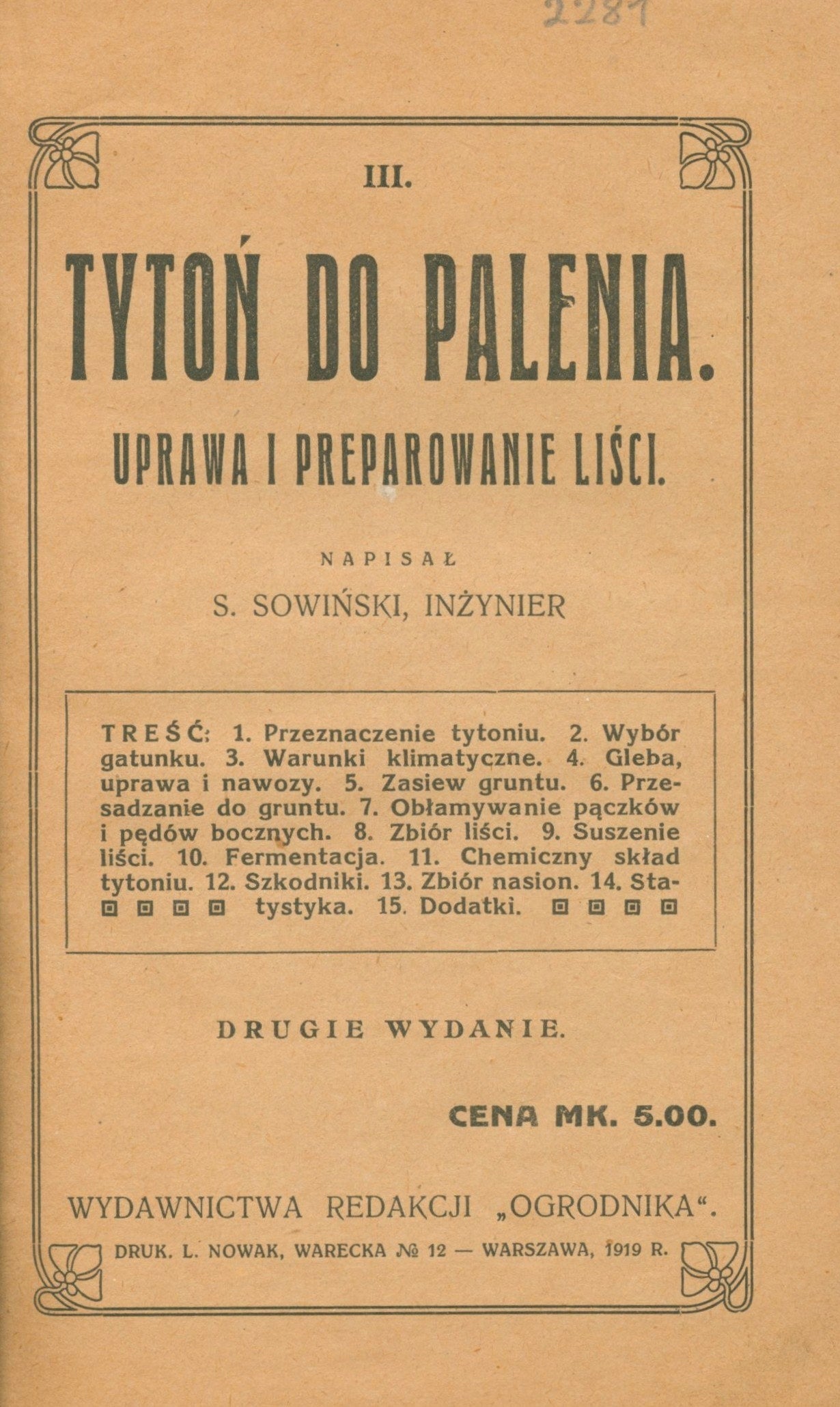 Sowiński S. - Tytoń do palenia: uprawa i preparowanie liści [Warszawa 1919]