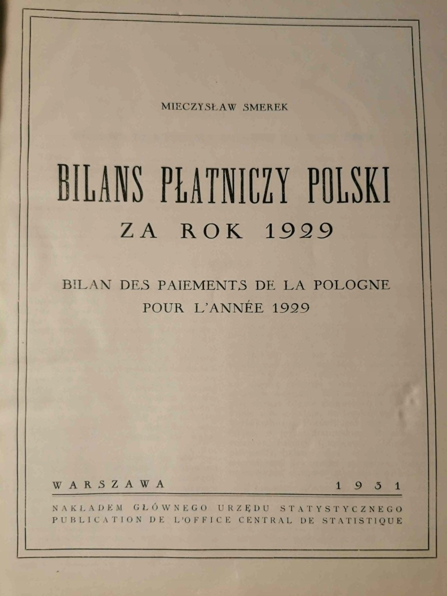 Bilans płatniczy Polski za rok 1929, M. Smerek [1931][dedykacja]