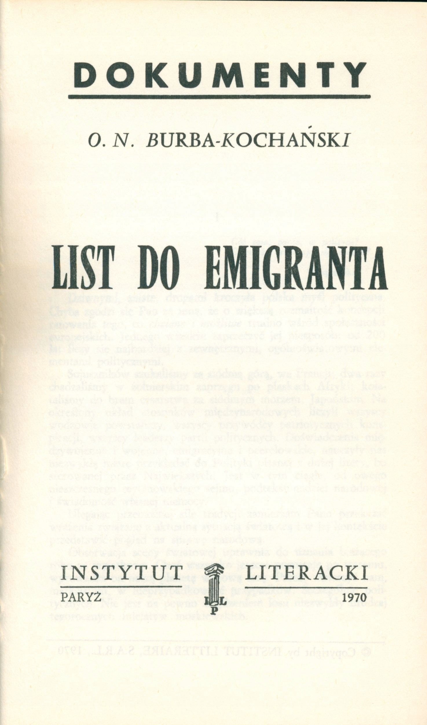 Burba-Kochański O. N. List do emigranta [pierwsze wydanie][Paryż 1970]