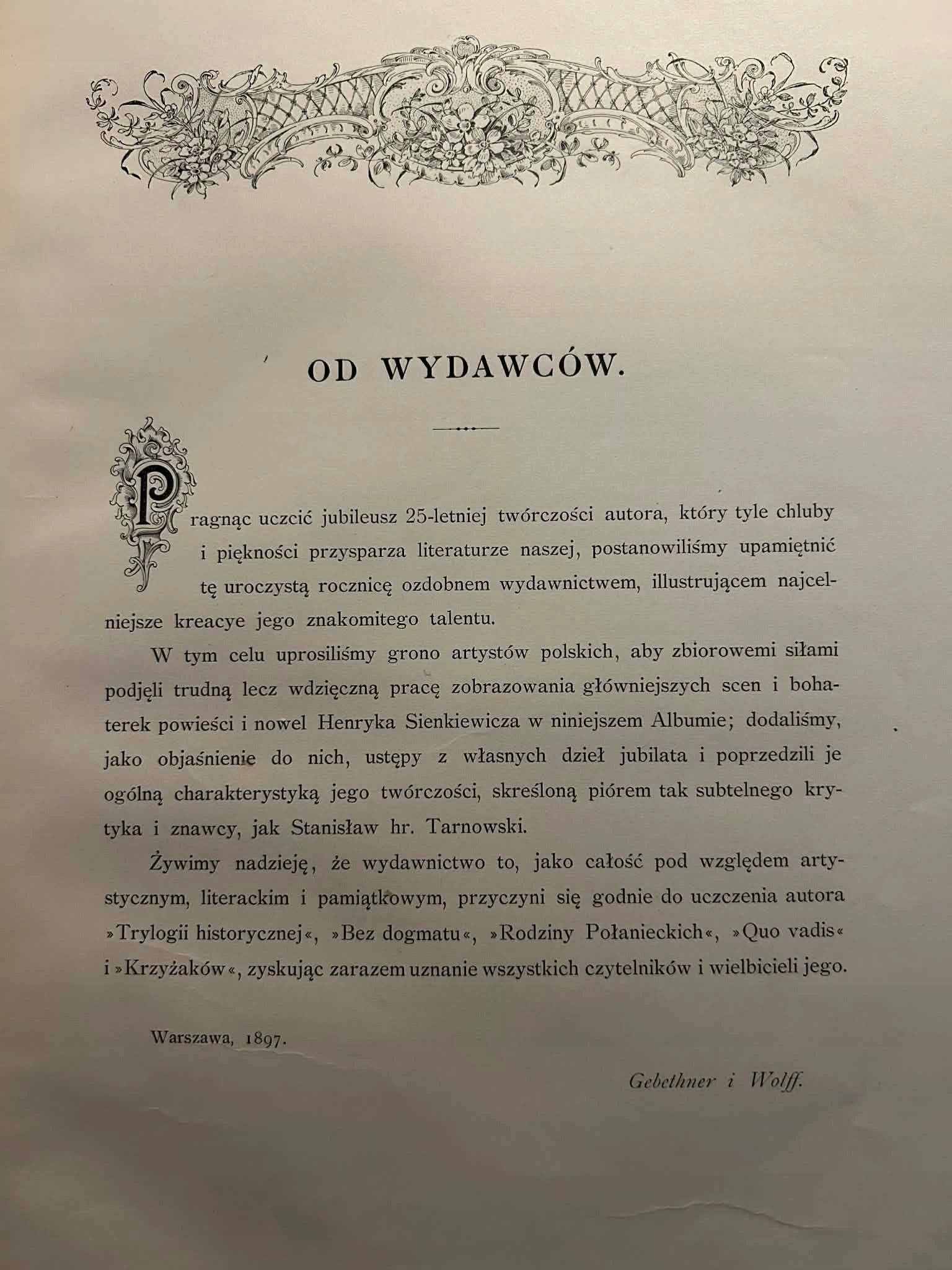 Album jubileuszowe Henryka Sienkiewicza-wstęp Stanisław Tarnowski [1898 r.]