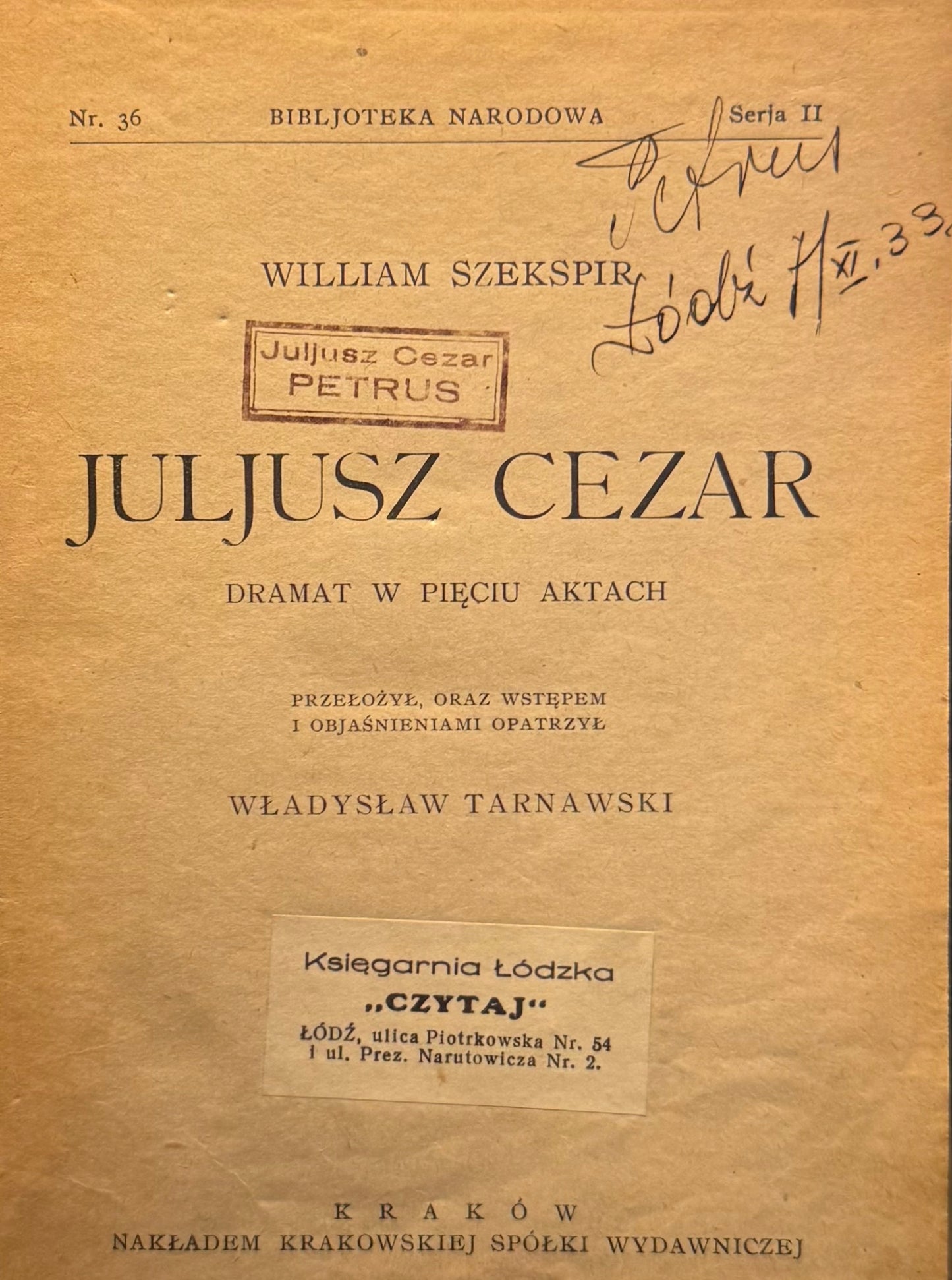 Juljusz Cezar Dramat w pięciu aktach William Szekspir [1925][BN]