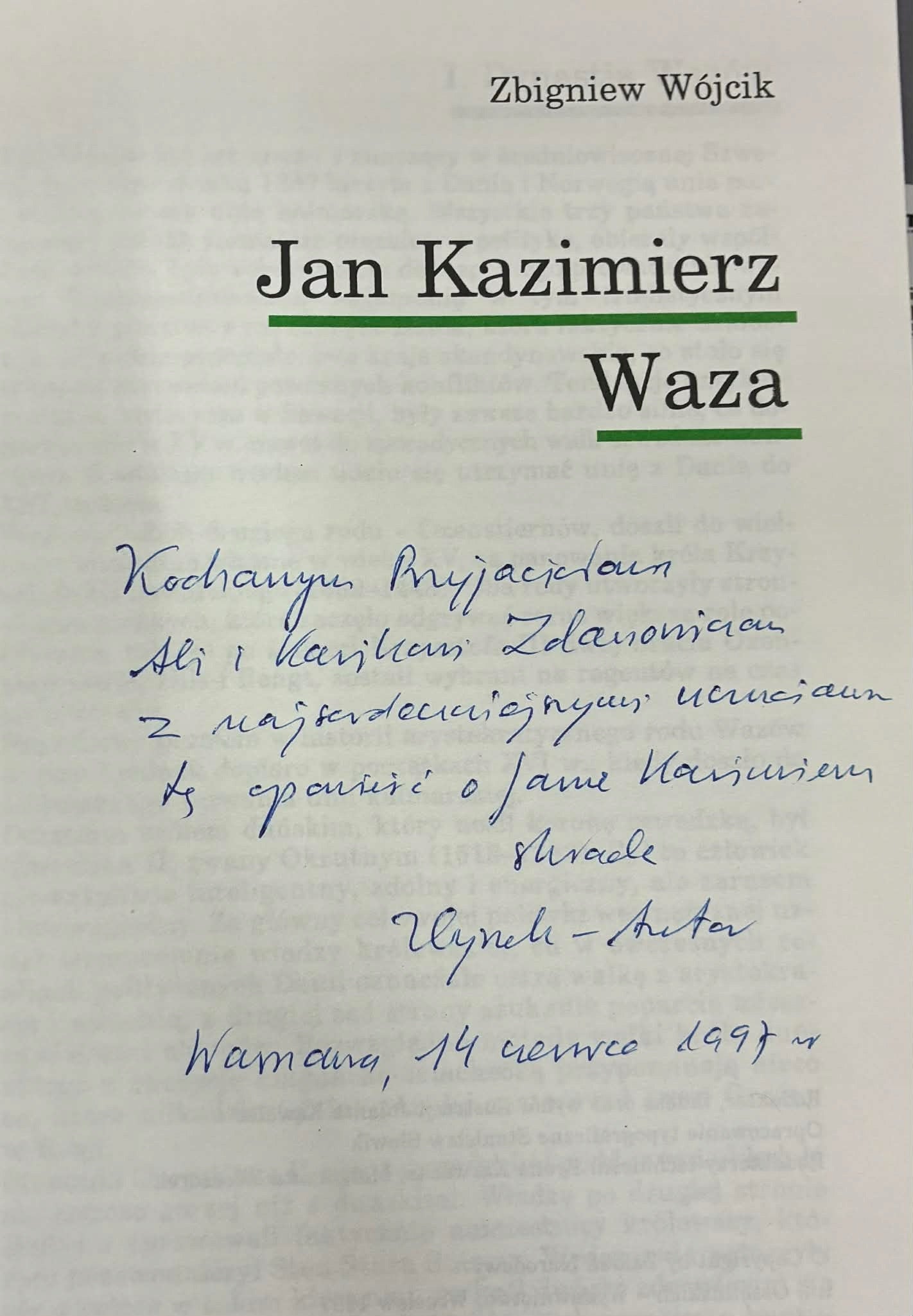 Jan Kazimierz Waza Zbigniew Wójcik [Dedykacja]