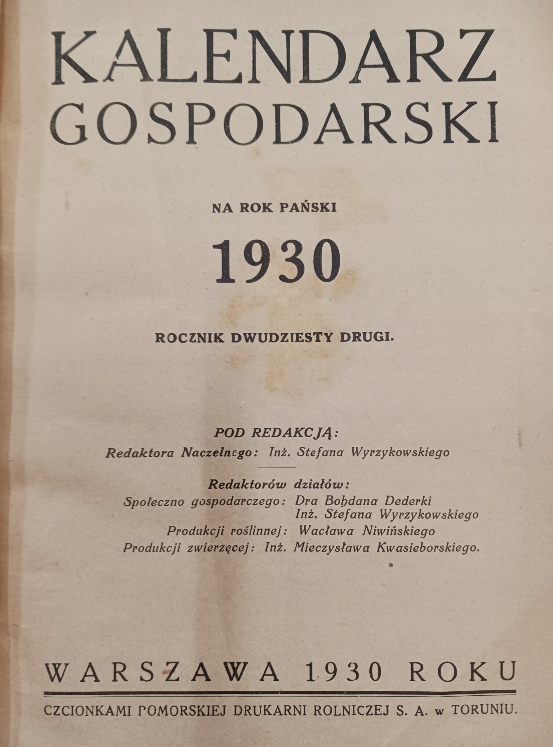 Kalendarz gospodarski na rok pański 1930 rocznik dwudziesty drugi