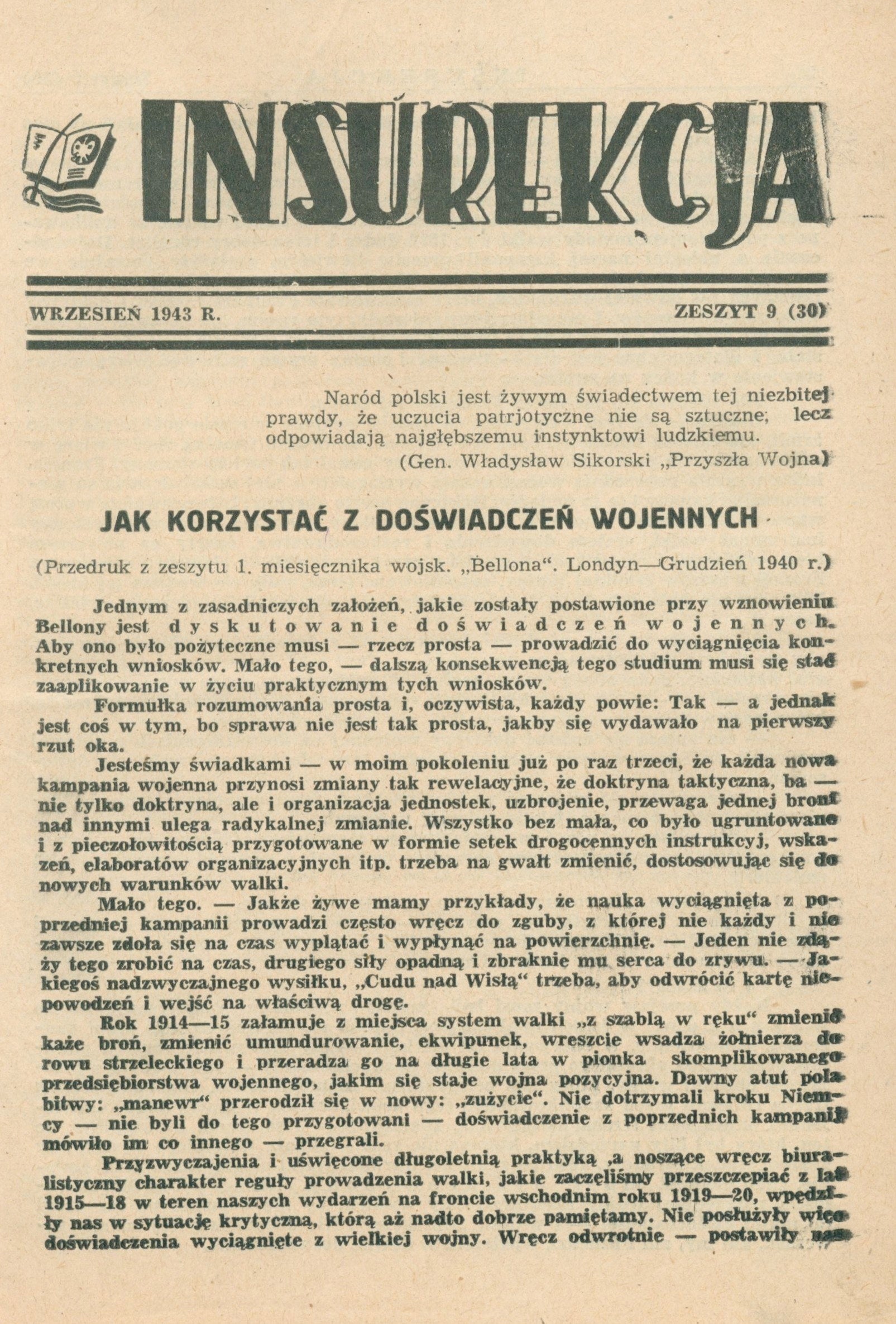 Insurekcja. Zeszyt 9 z września 1943 [kampania wrześniowa]