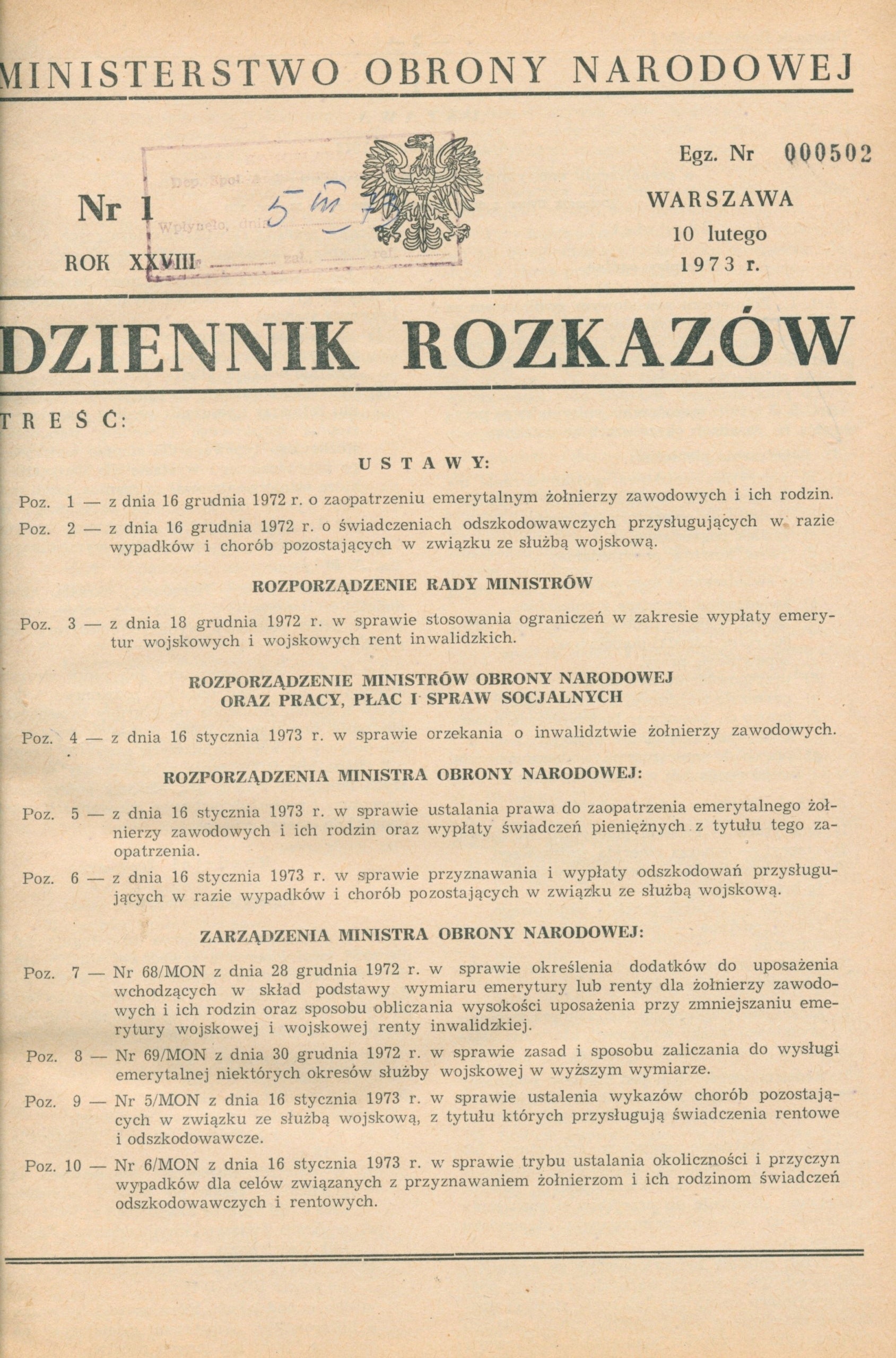 Rocznik Dziennika Rozkazów MON rok XXVIII nr 1 - 28 [Warszawa 1973]