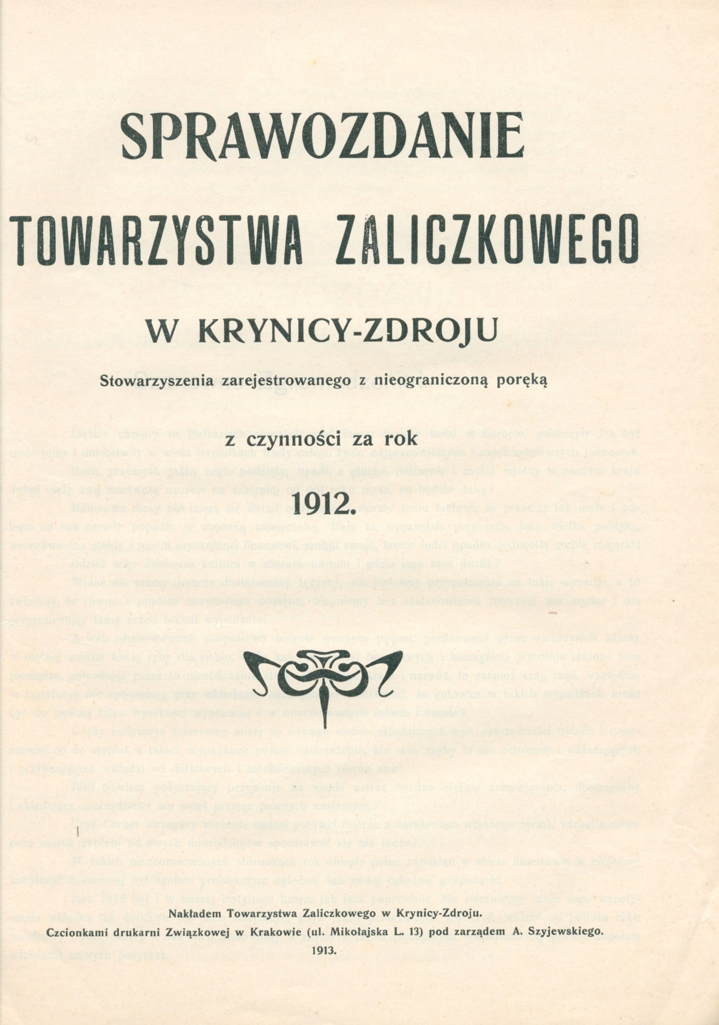 Sprawozdanie Towarzystwa Zaliczkowego w Krynicy-Zdroju z czynności [1913]
