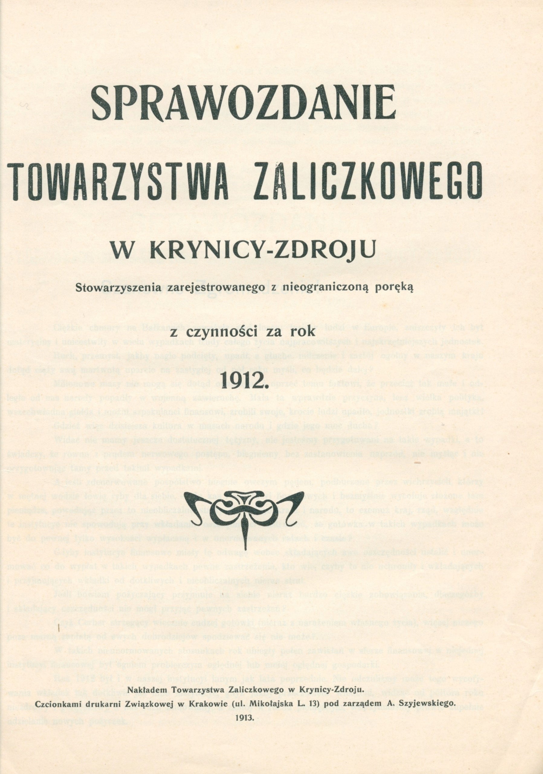 Sprawozdanie Towarzystwa Zaliczkowego w Krynicy-Zdroju z czynności [1913]