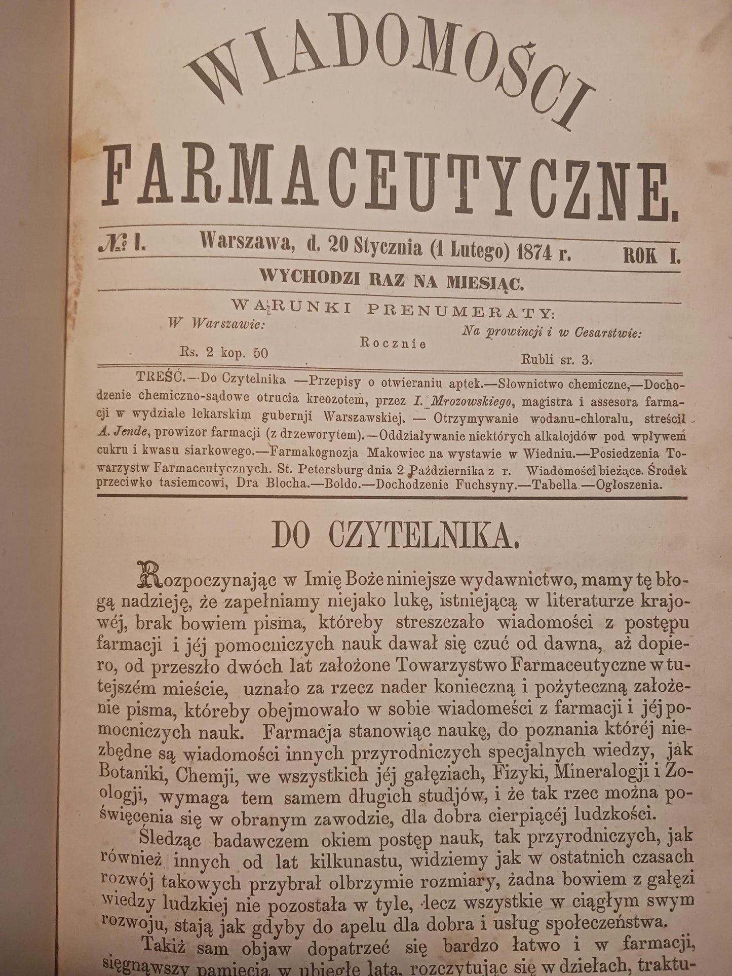 Wiadomości farmaceutyczne Tom I red. Jan Mrozowski [pełny rocznik 1874 r.]