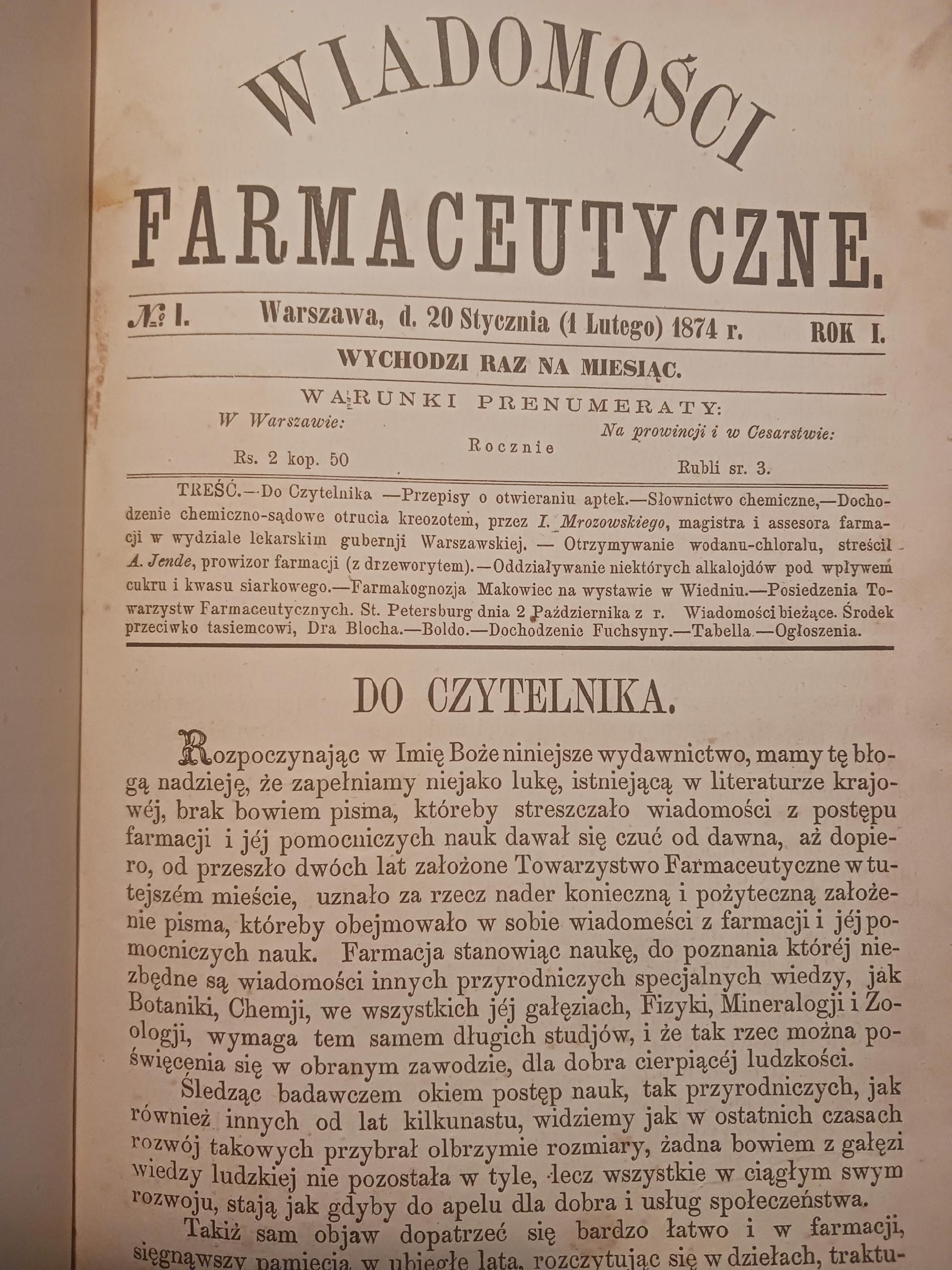 Wiadomości farmaceutyczne Tom I red. Jan Mrozowski [pełny rocznik 1874 r.]