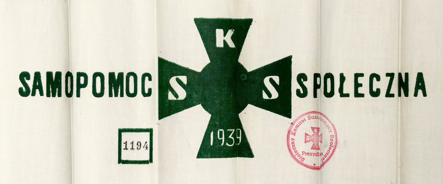 Trzy przepaski Stołecznego Komitetu Samopomocy Społecznej z kopertą [1939]