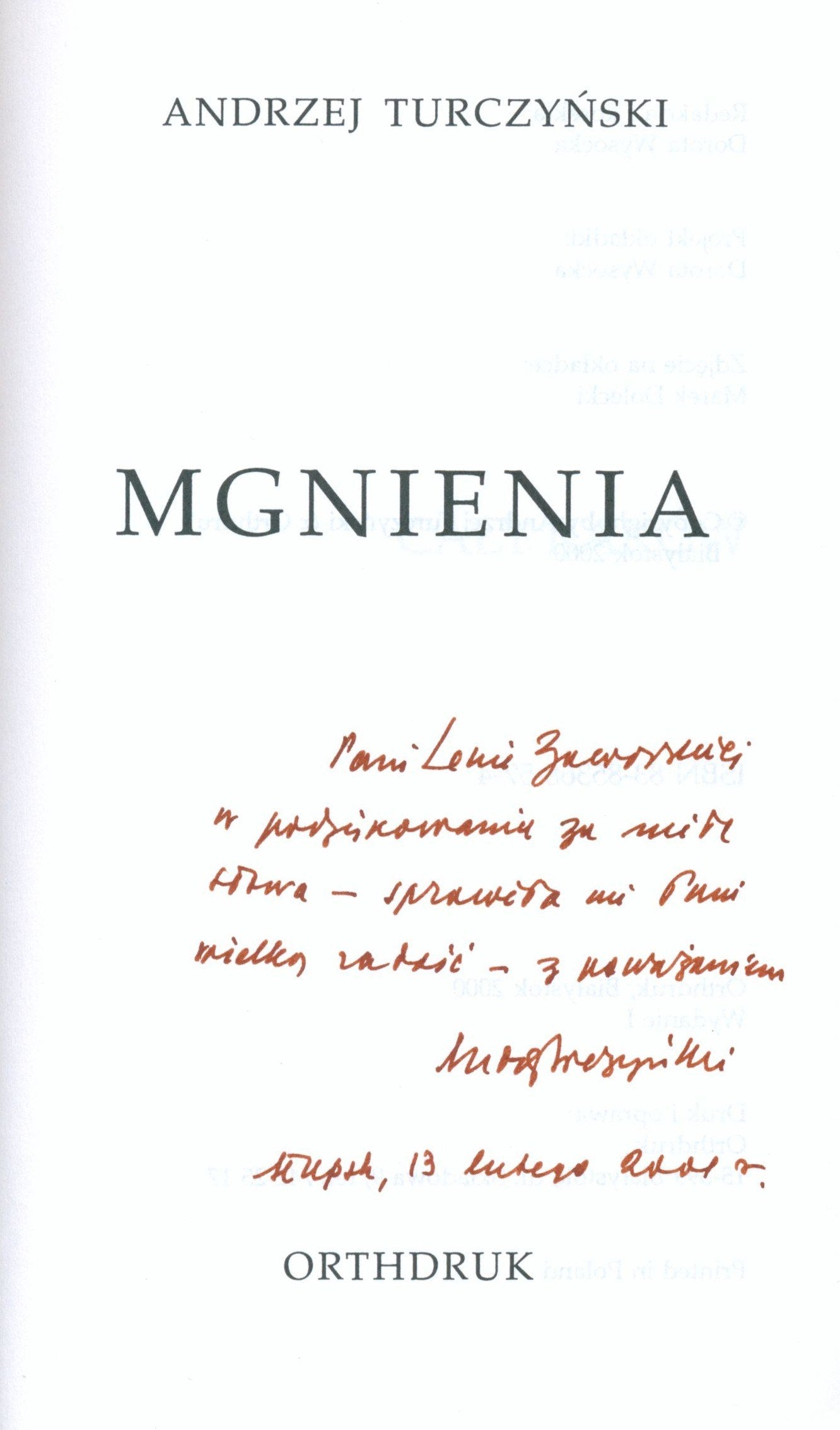 Mgnienia Andrzej Turczyński [dedykacja autora dla Heleny Zaworskiej]