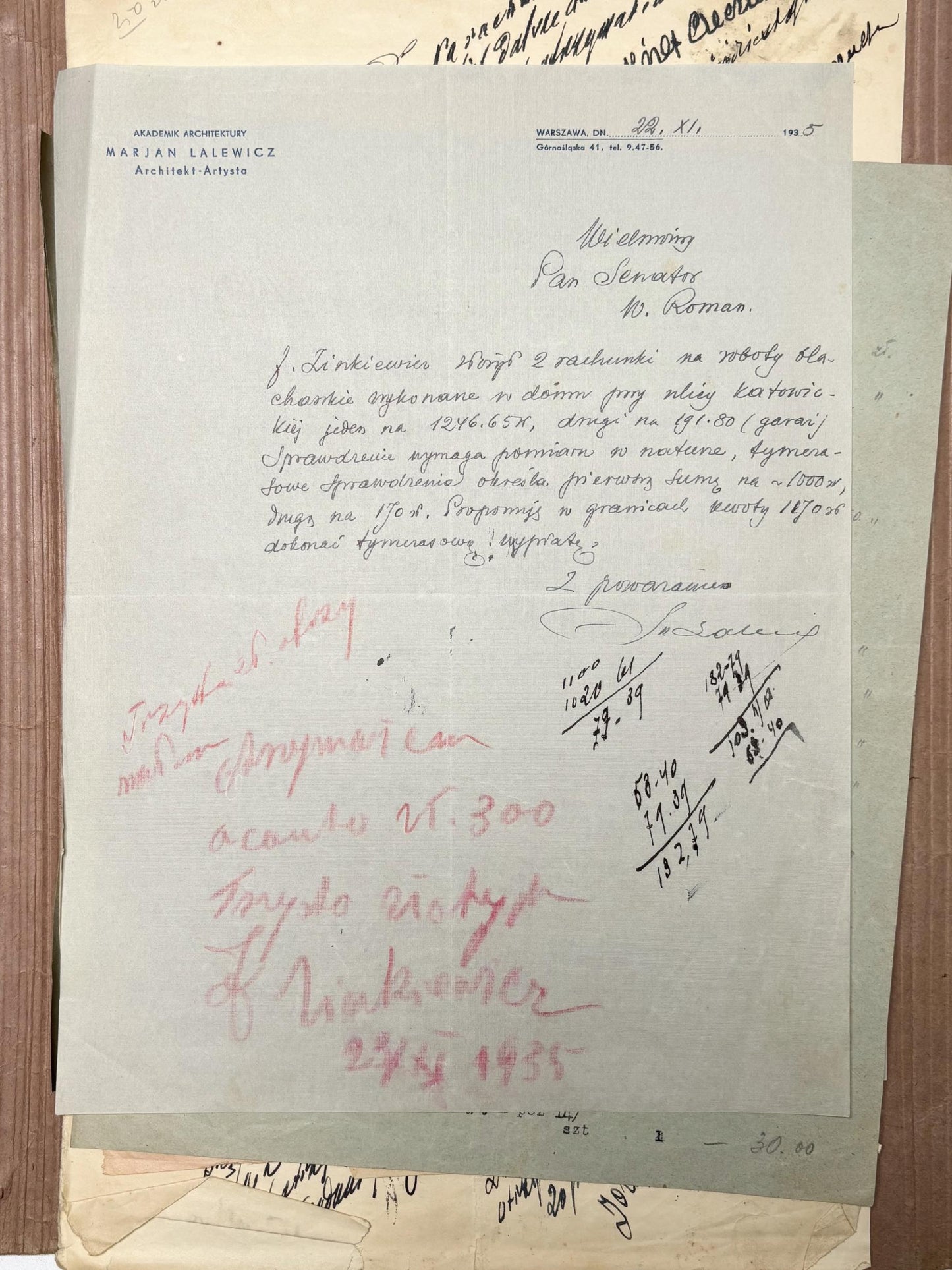Zestaw dokumentów w oryginalnej teczce, dotyczących budowy Willi Romanów