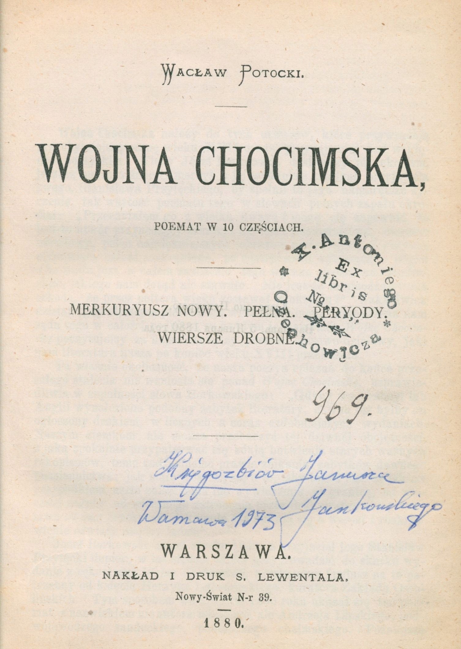 Potocki Wacław- Wojna chocimska, poemat w 10 częściach [Warszawa 1880]
