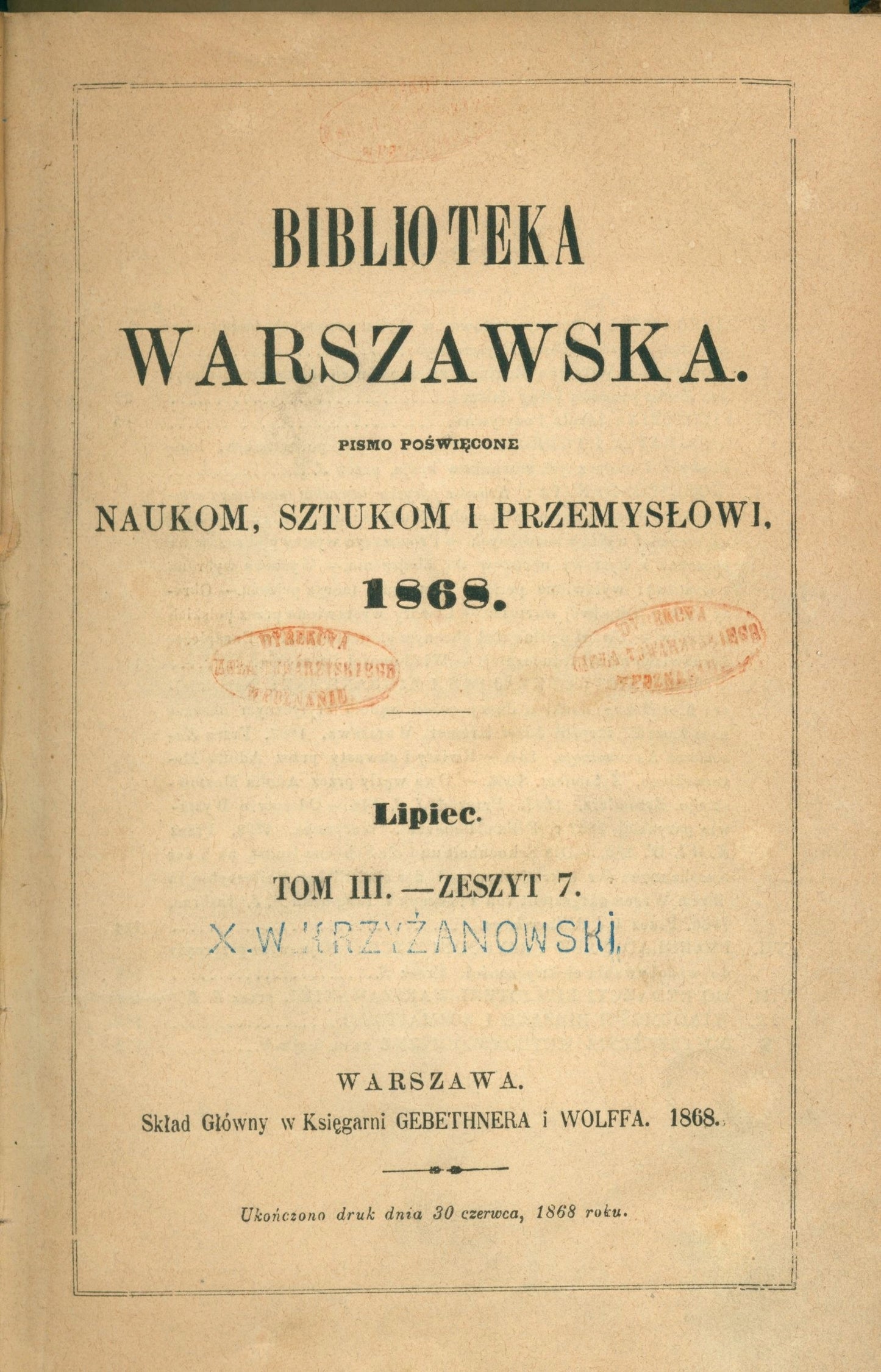 Biblioteka Warszawska. Pismo poświęcone naukom, t. III zeszyt 7 [1868]