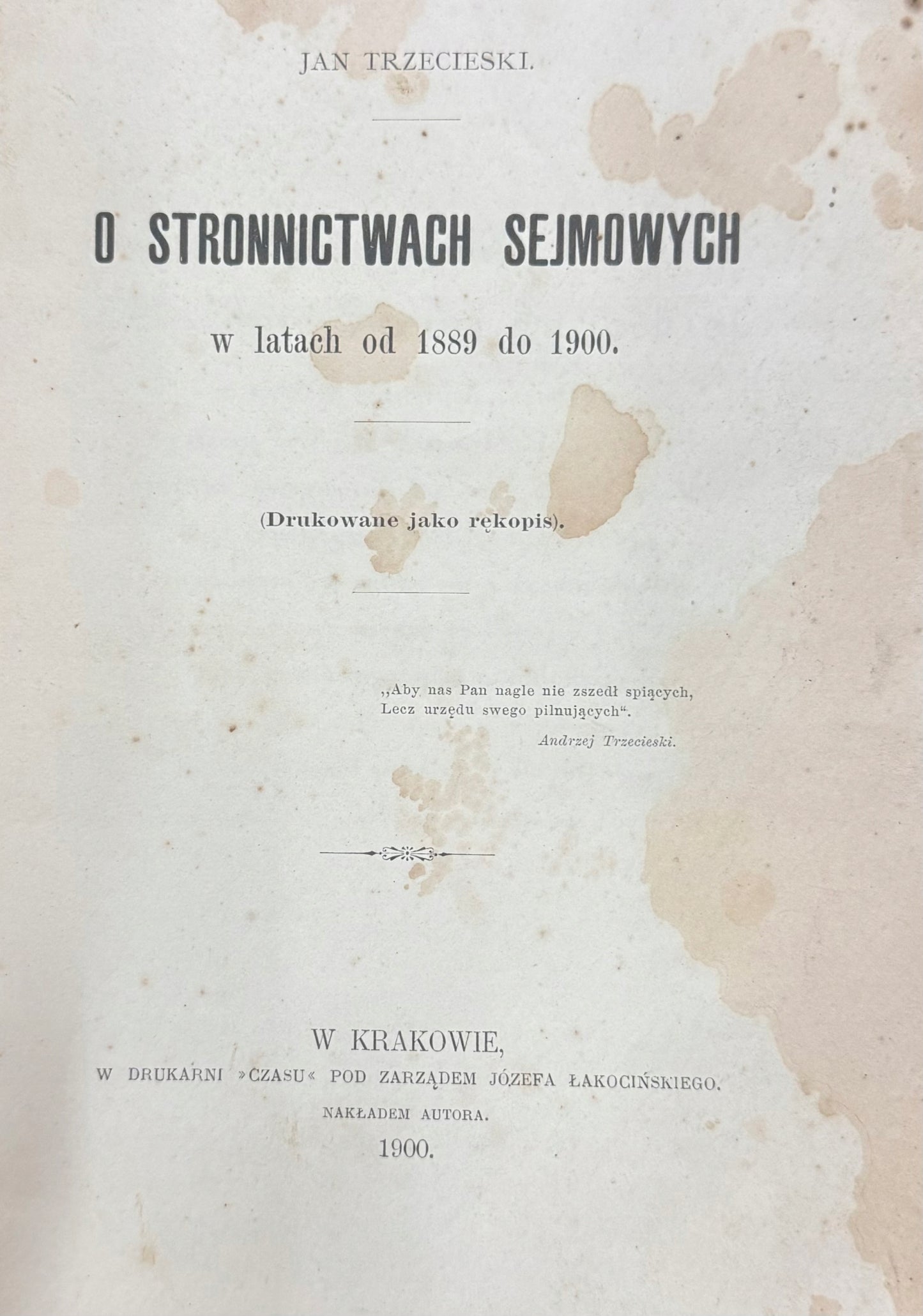 O stronnictwach sejmowych Trzecieski Jan [1900]