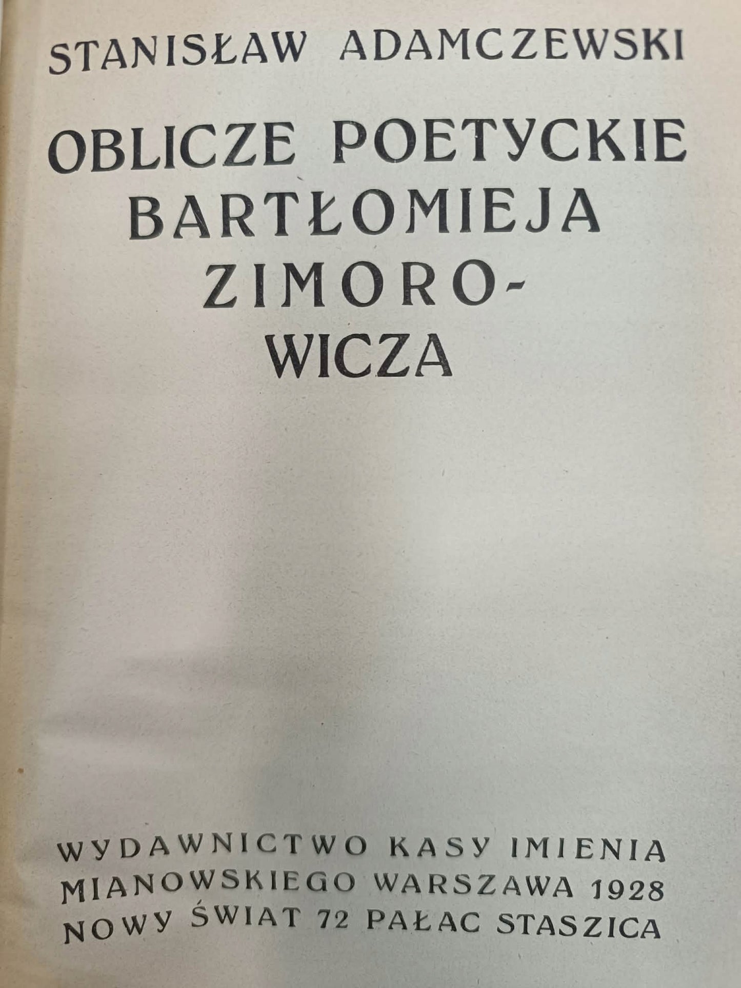 Stanisław Adamczewski, Oblicze poetyckie Bartłomieja Zimorowicza [1928]