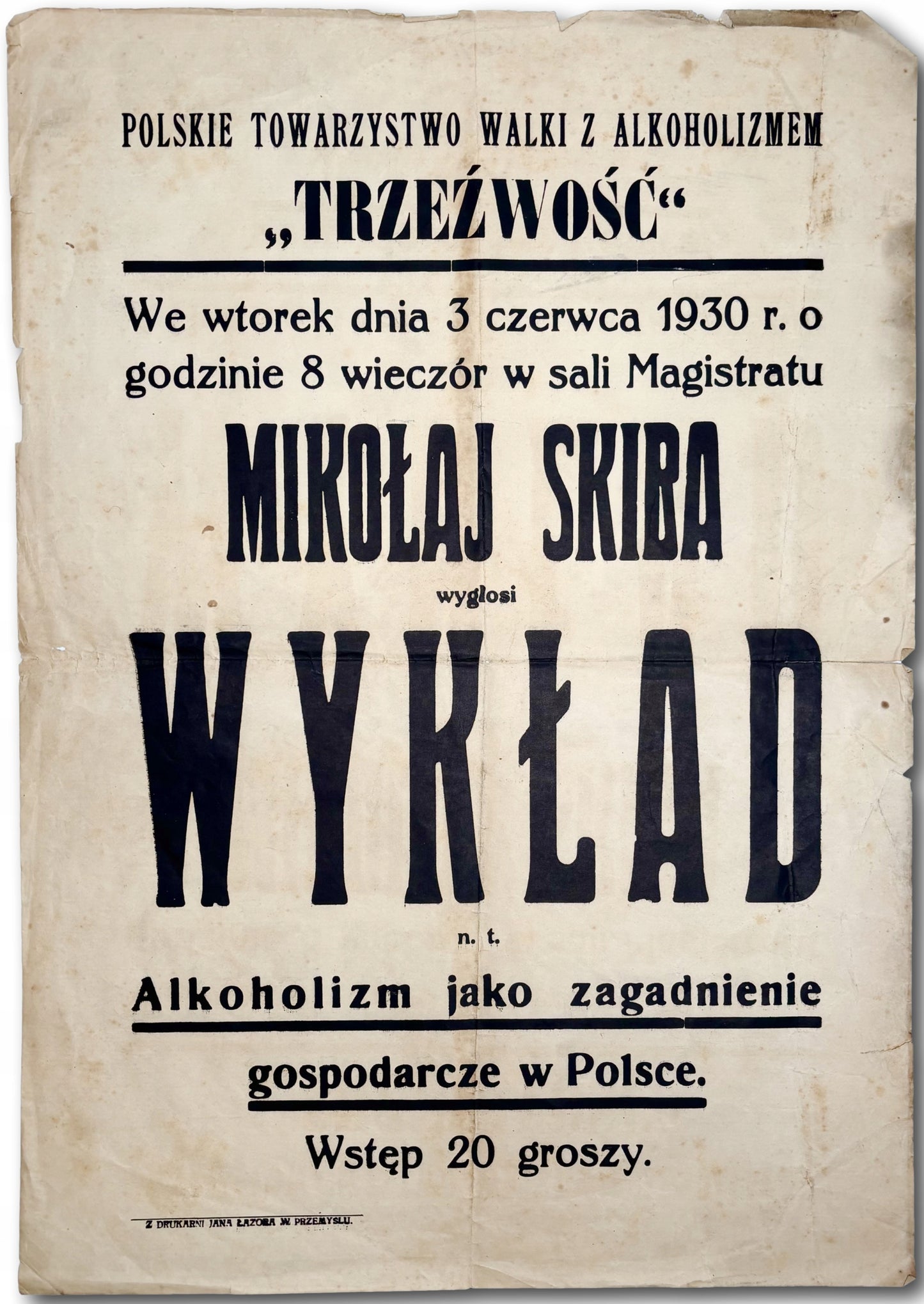 Afisz Polskiego Towarzystwa Walki z Alkoholizmem "Trzeźwość" [03.06.1930]