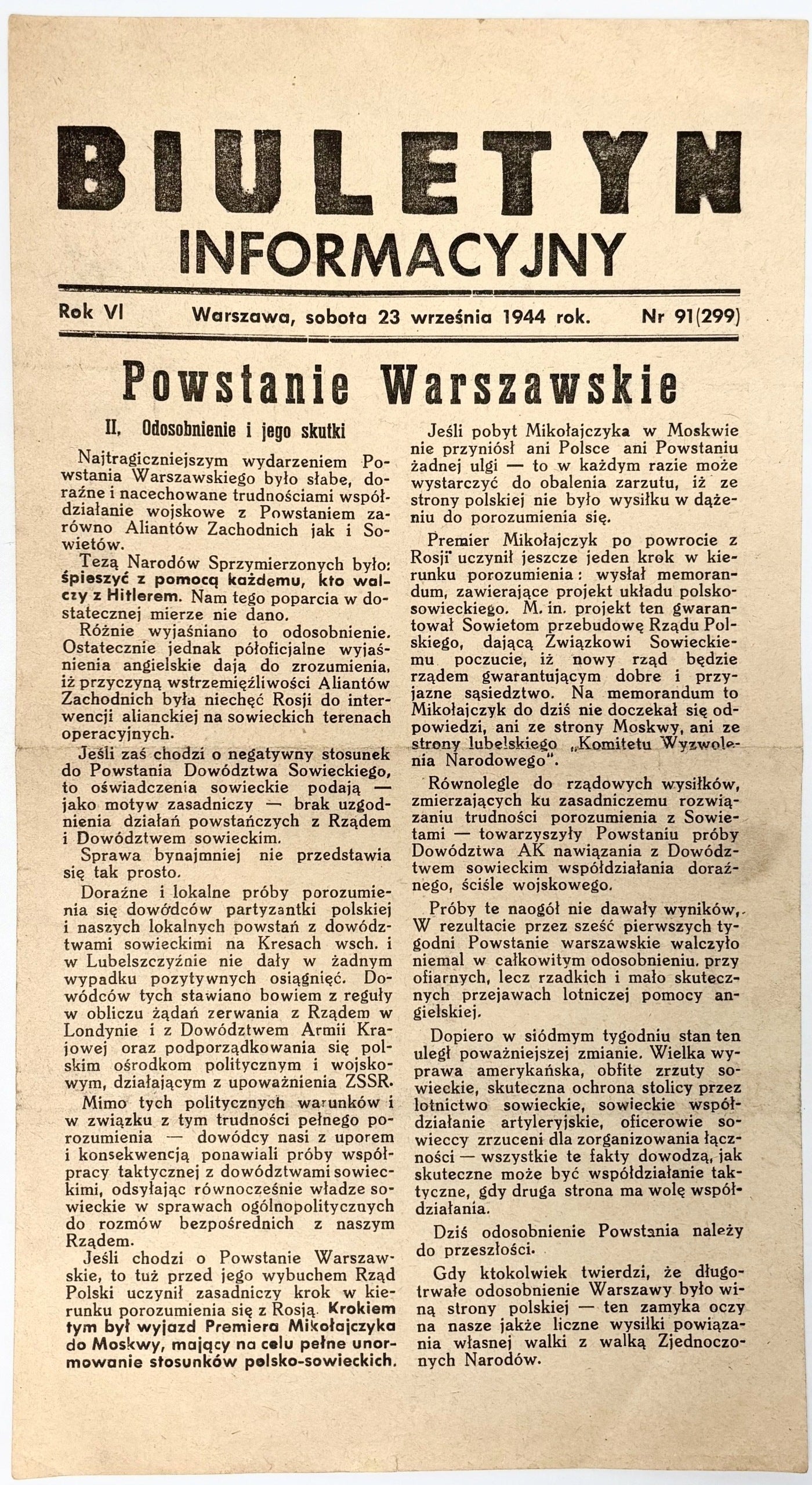 Biuletyn informacyjny [Powstanie Warszawskie, sobota 23 września 1944)