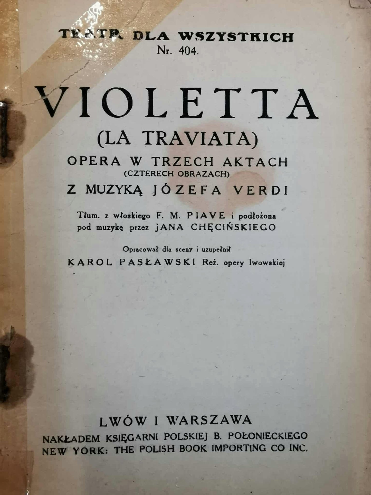 Violetta (La Traviata). Libretto, Józef Verdi [1912]