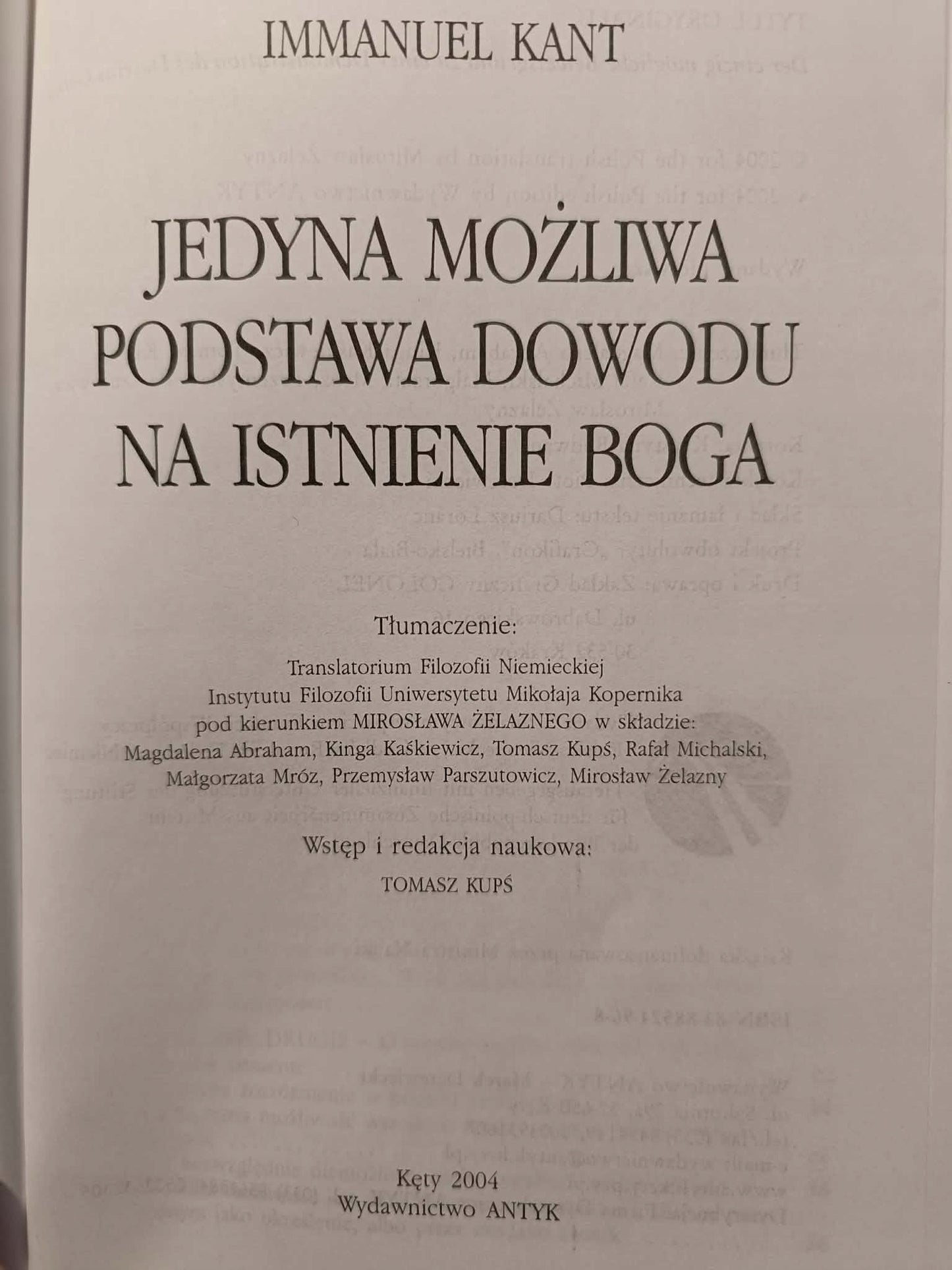 JEDYNA MOŻLIWA PODSTAWA DOWODU NA ISTNIENIE BOGA Immanuel Kant