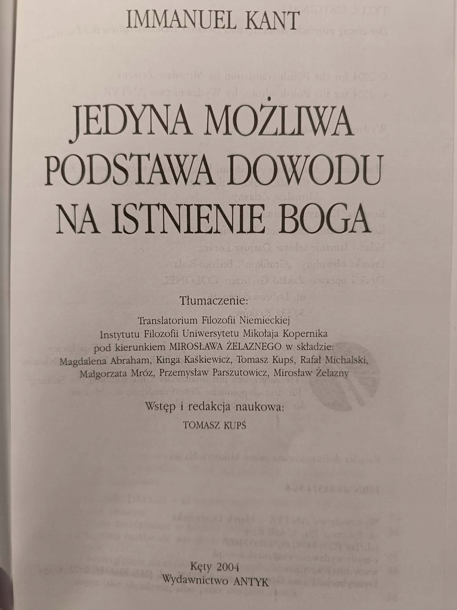 JEDYNA MOŻLIWA PODSTAWA DOWODU NA ISTNIENIE BOGA Immanuel Kant