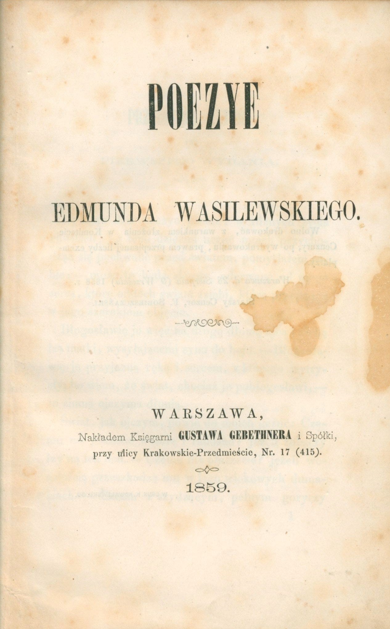 Poezye Edmunda Wasilewskiego (z ex - librisem Grzybowskich) [Warszawa 1859]